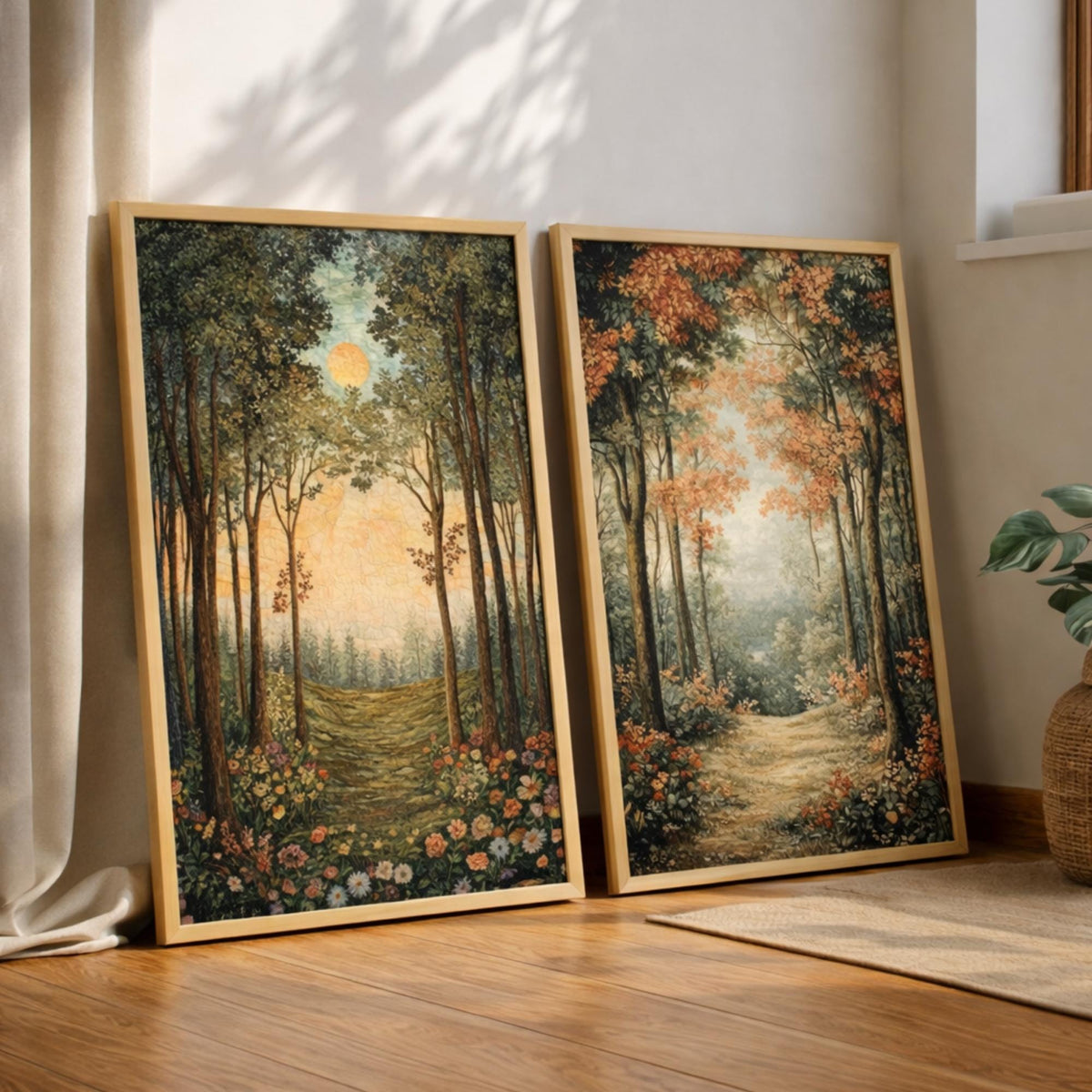 Set of 2 Forest Path Wall Art, Woodland Trail Framed Canvas, Earthy Tree Landscape Prints, Nature-Inspired Artwork, Serene Rustic Home Decor