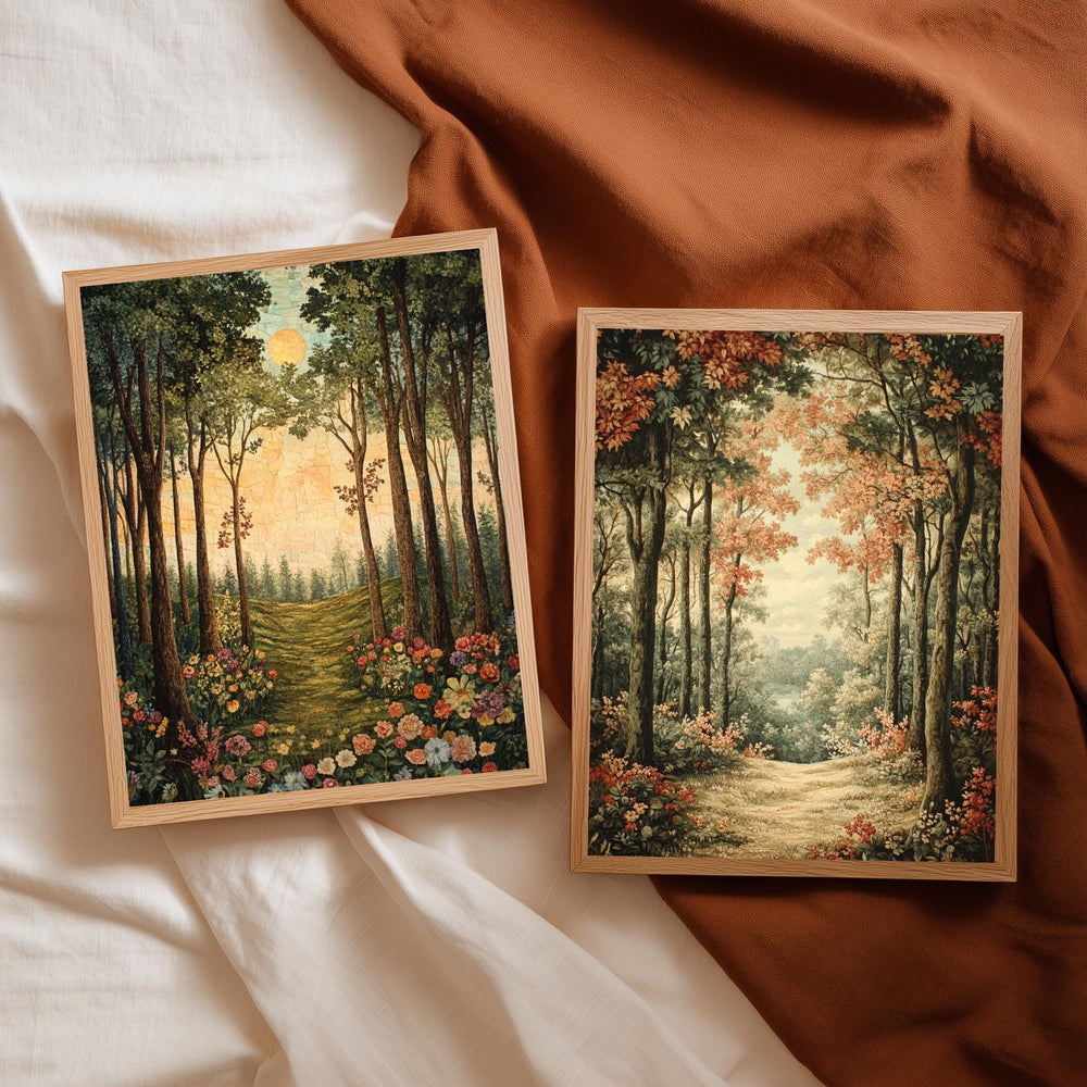 Set of 2 Forest Path Wall Art, Woodland Trail Framed Canvas, Earthy Tree Landscape Prints, Nature-Inspired Artwork, Serene Rustic Home Decor