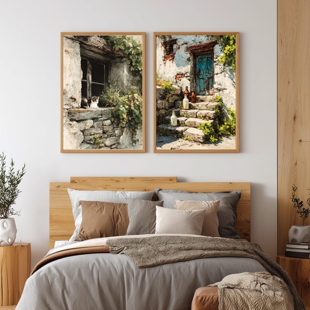 Set of 2 Rustic Cottage Wall Art, Stone Doorway Framed Canvas, European Village Prints, Vintage Countryside Decor, Cozy Home Accent
