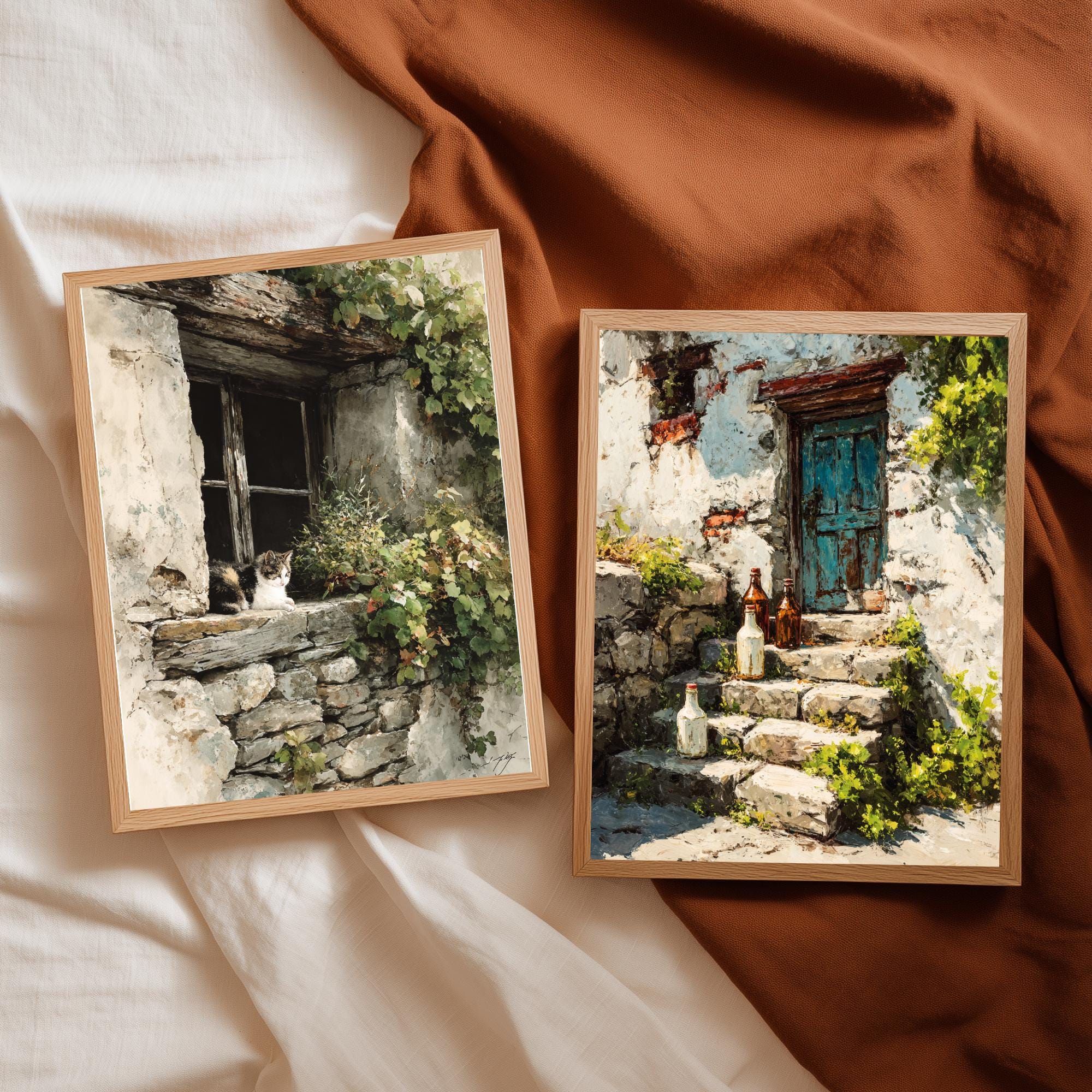 Set of 2 Rustic Cottage Wall Art, Stone Doorway Framed Canvas, European Village Prints, Vintage Countryside Decor, Cozy Home Accent