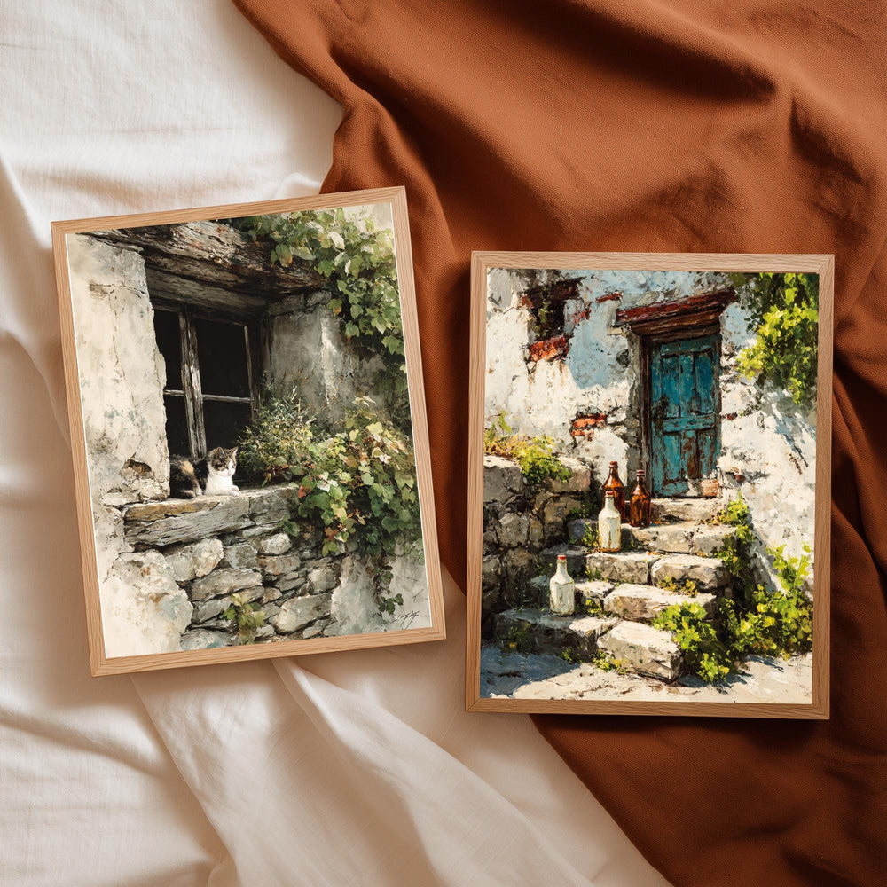 Set of 2 Rustic Cottage Wall Art, Stone Doorway Framed Canvas, European Village Prints, Vintage Countryside Decor, Cozy Home Accent