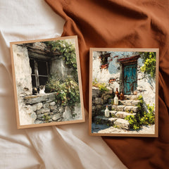 Set of 2 Rustic Cottage Wall Art, Stone Doorway Framed Canvas, European Village Prints, Vintage Countryside Decor, Cozy Home Accent