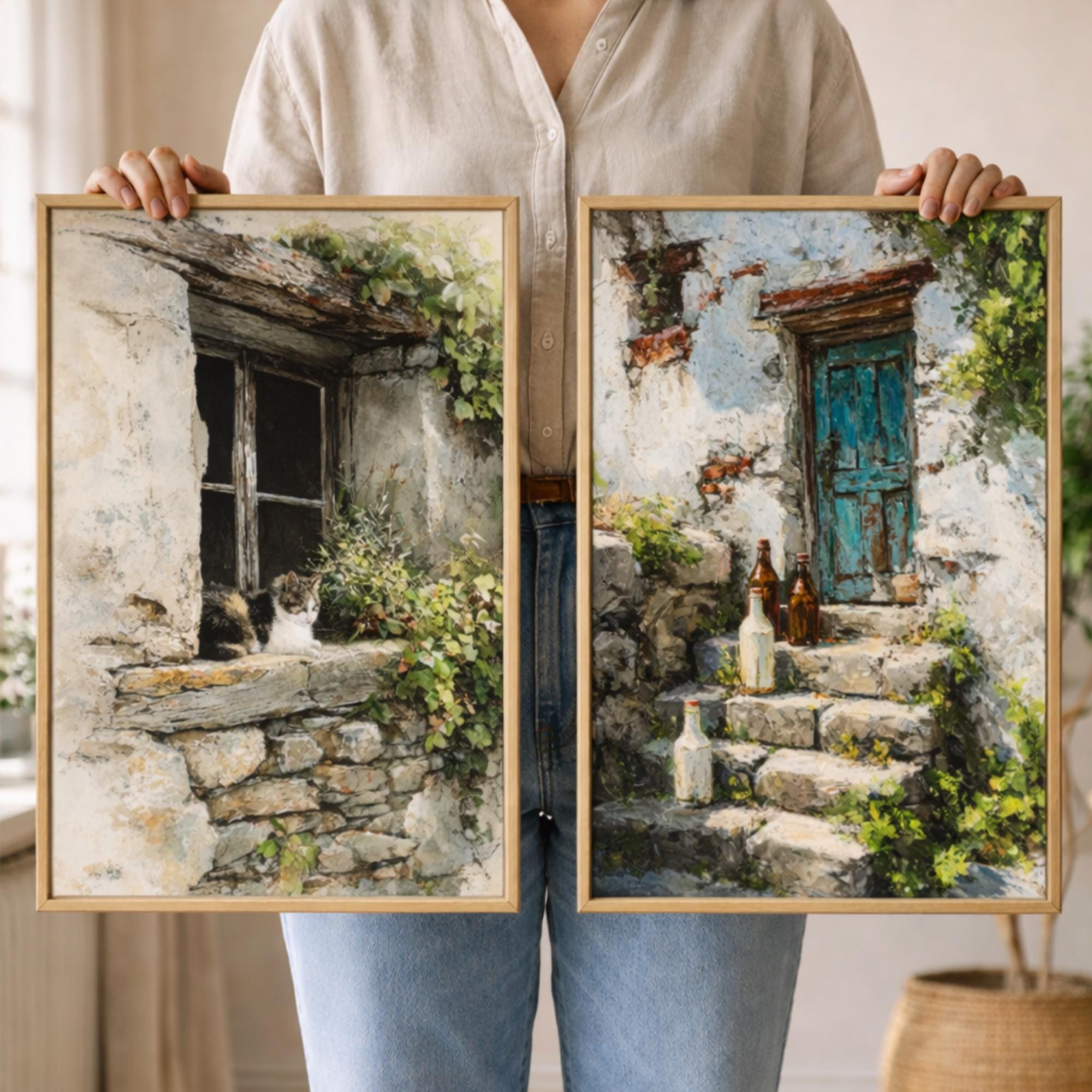 Set of 2 Rustic Cottage Wall Art, Stone Doorway Framed Canvas, European Village Prints, Vintage Countryside Decor, Cozy Home Accent