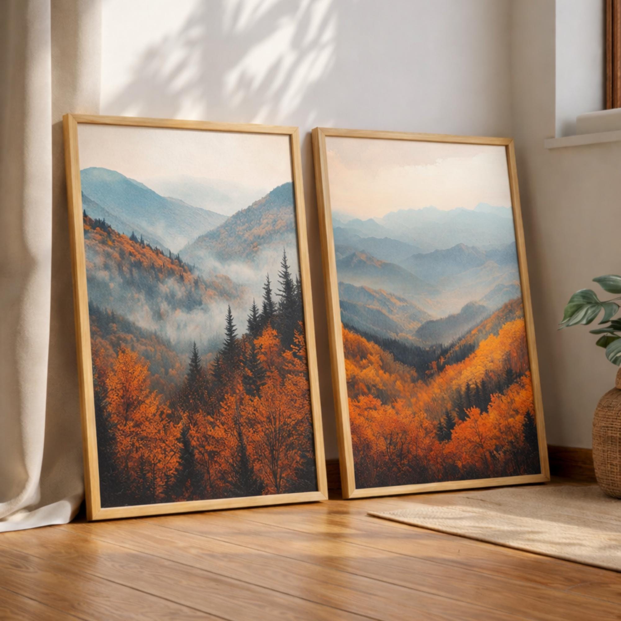 Set of 2 Autumn Mountain Wall Art, Misty Forest Valley Framed Canvas, Warm Fall Landscape Prints, Nature-Inspired Decor, Serene Home Accent