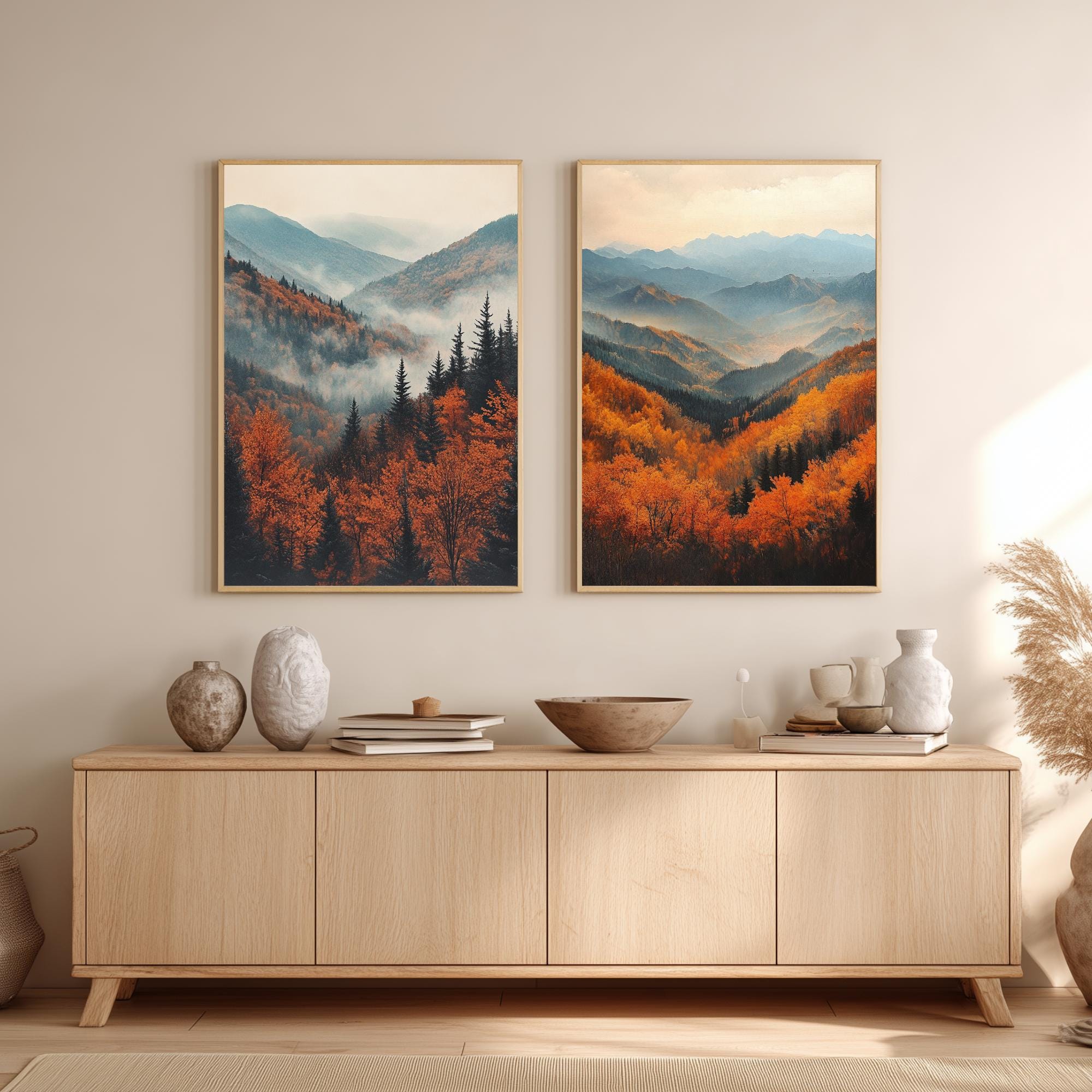 Set of 2 Autumn Mountain Wall Art, Misty Forest Valley Framed Canvas, Warm Fall Landscape Prints, Nature-Inspired Decor, Serene Home Accent