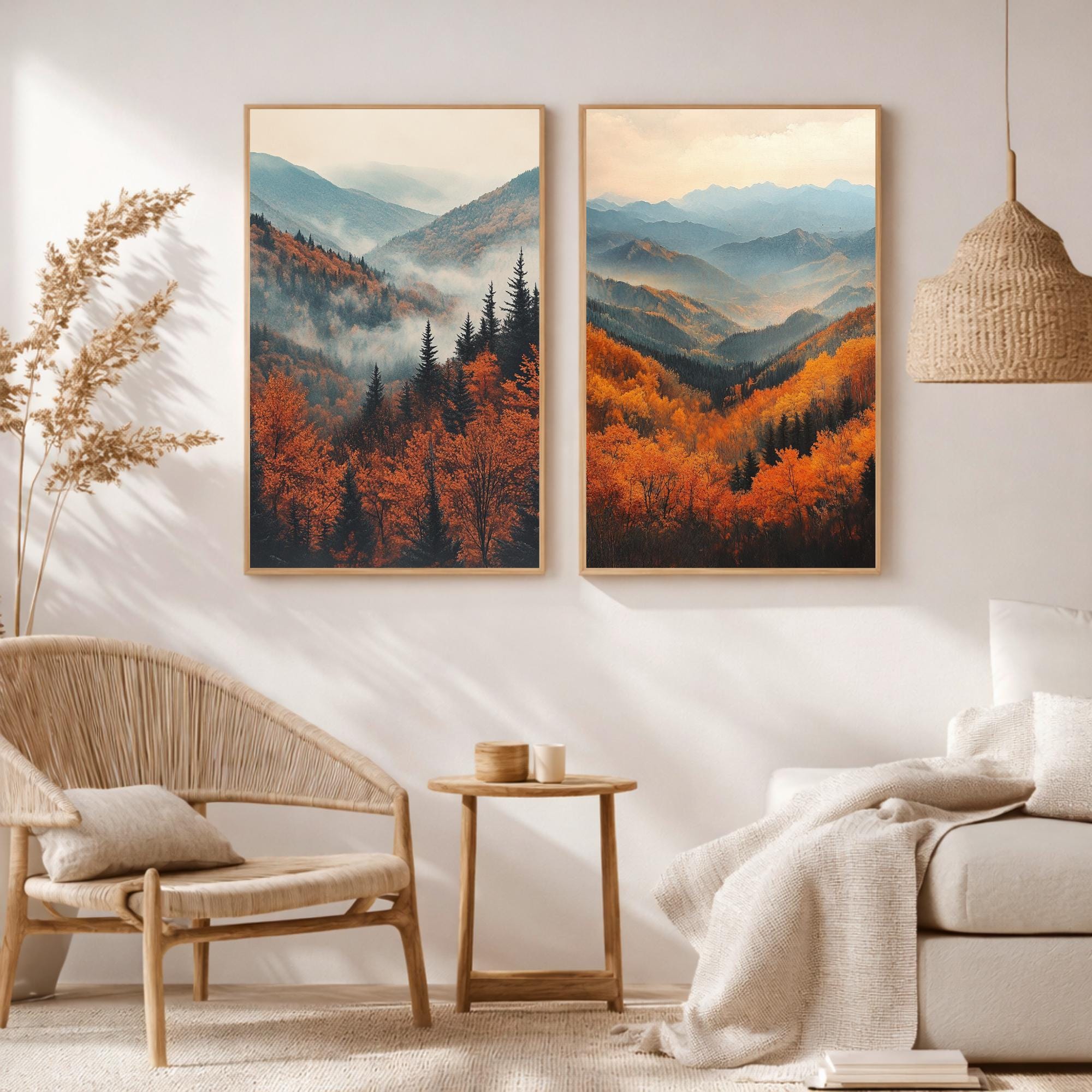 Set of 2 Autumn Mountain Wall Art, Misty Forest Valley Framed Canvas, Warm Fall Landscape Prints, Nature-Inspired Decor, Serene Home Accent