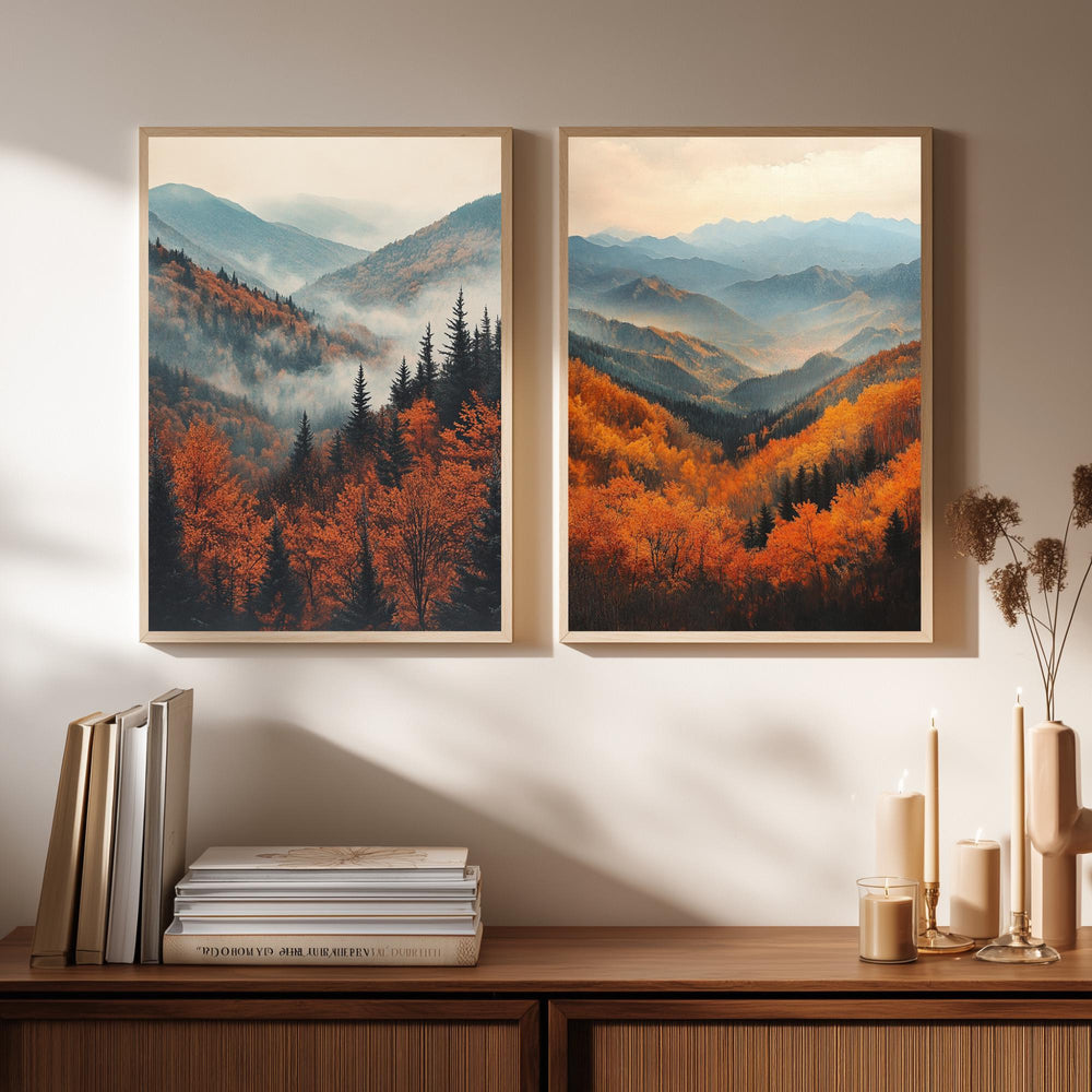 Set of 2 Autumn Mountain Wall Art, Misty Forest Valley Framed Canvas, Warm Fall Landscape Prints, Nature-Inspired Decor, Serene Home Accent