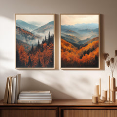Set of 2 Autumn Mountain Wall Art, Misty Forest Valley Framed Canvas, Warm Fall Landscape Prints, Nature-Inspired Decor, Serene Home Accent