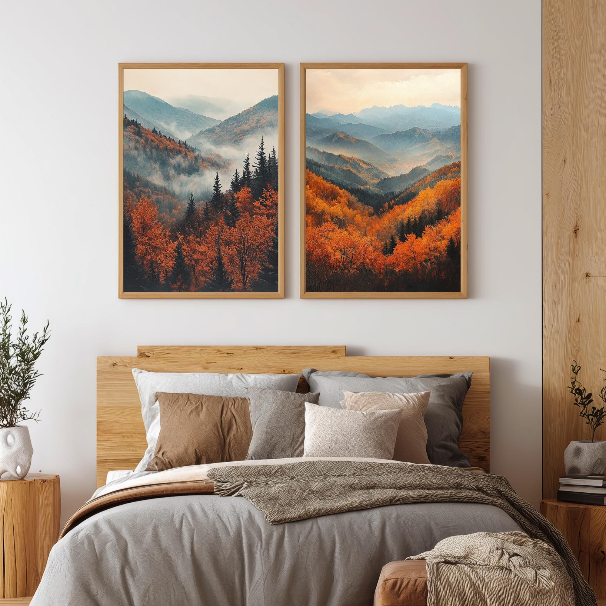 Set of 2 Autumn Mountain Wall Art, Misty Forest Valley Framed Canvas, Warm Fall Landscape Prints, Nature-Inspired Decor, Serene Home Accent