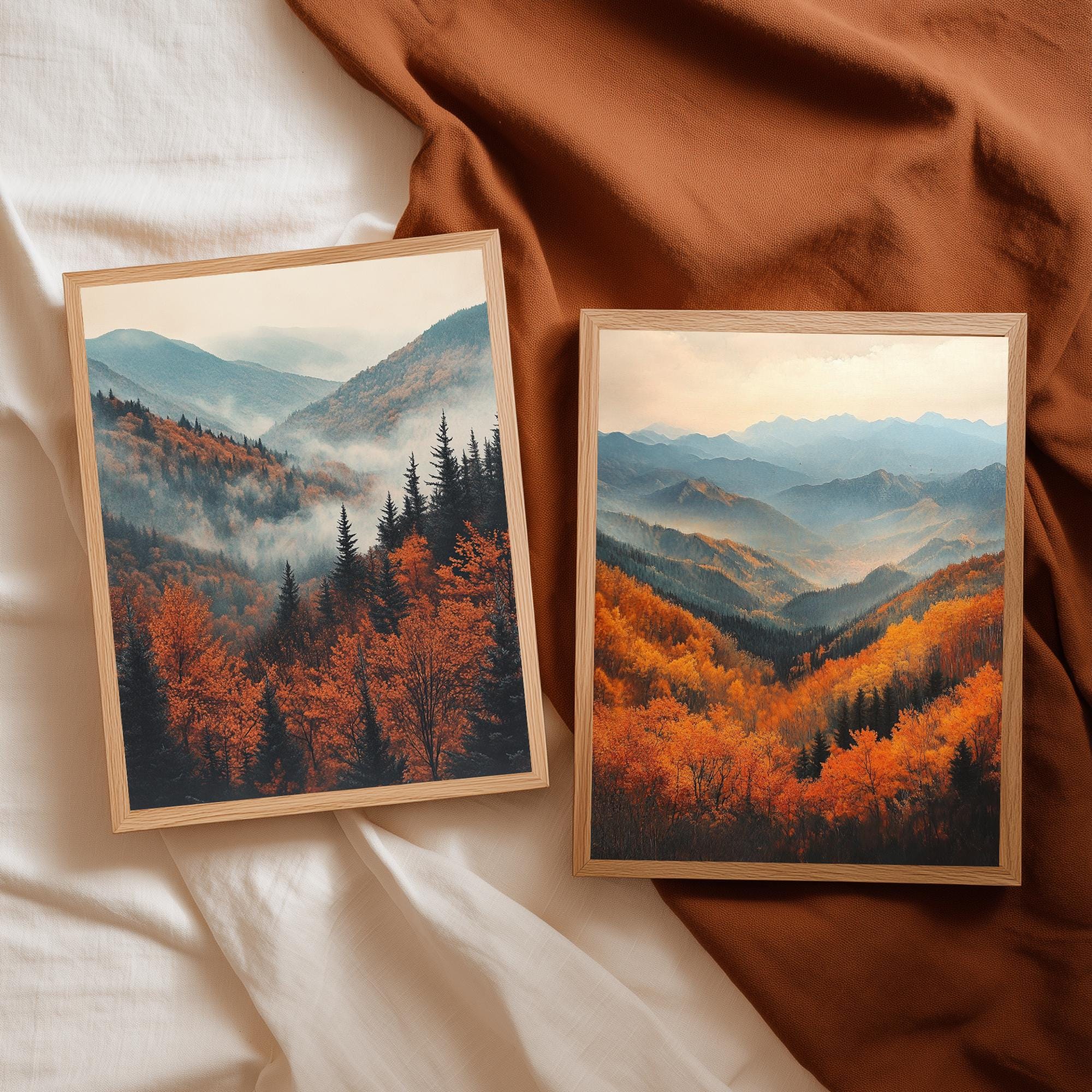Set of 2 Autumn Mountain Wall Art, Misty Forest Valley Framed Canvas, Warm Fall Landscape Prints, Nature-Inspired Decor, Serene Home Accent