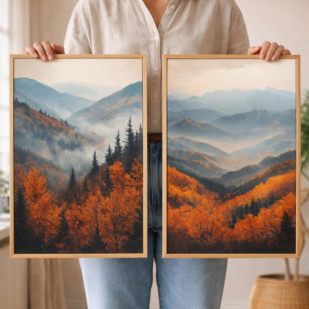 Set of 2 Autumn Mountain Wall Art, Misty Forest Valley Framed Canvas, Warm Fall Landscape Prints, Nature-Inspired Decor, Serene Home Accent