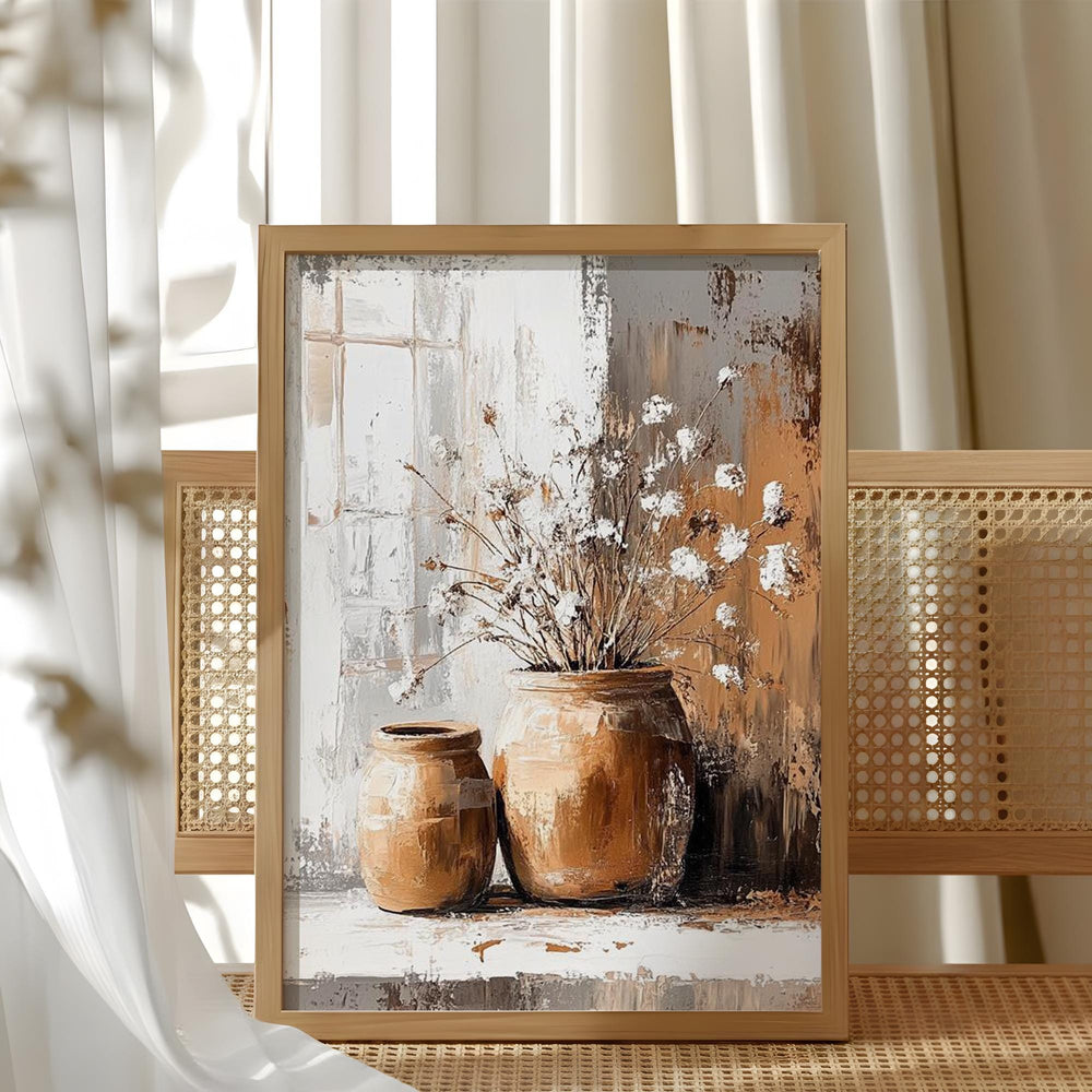Soft White Floral Vase Wall Art, Neutral Still Life Canvas, Vintage Pottery Flower Artwork, Earthy Farmhouse Decor