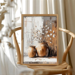 Soft White Floral Vase Wall Art, Neutral Still Life Canvas, Vintage Pottery Flower Artwork, Earthy Farmhouse Decor