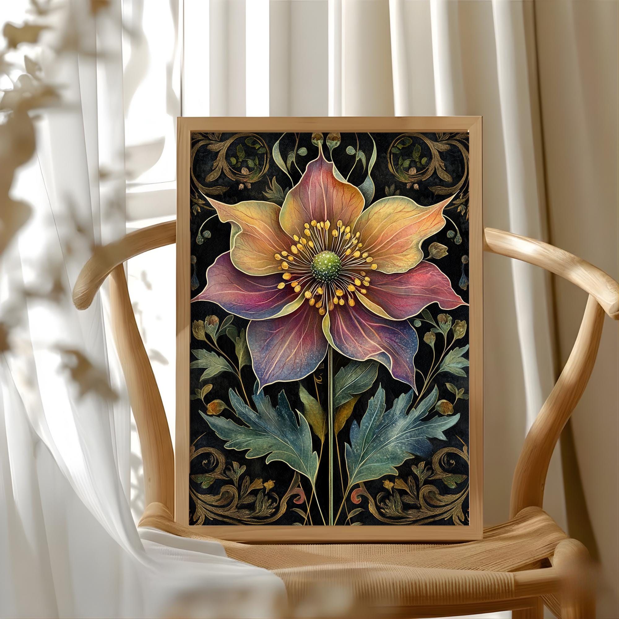 Mystical Botanical Flower Wall Art, Ornate Floral Illustration Canvas, Dark Vintage Nature Artwork, Whimsical Garden Home Decor