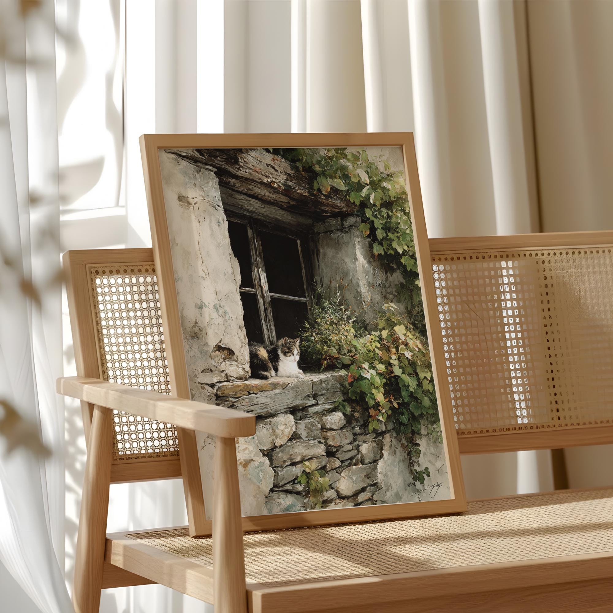 Vintage Stone Window Wall Art, Rustic Cat Cottage Canvas, Weathered European Farmhouse Artwork, Cozy Country Home Decor