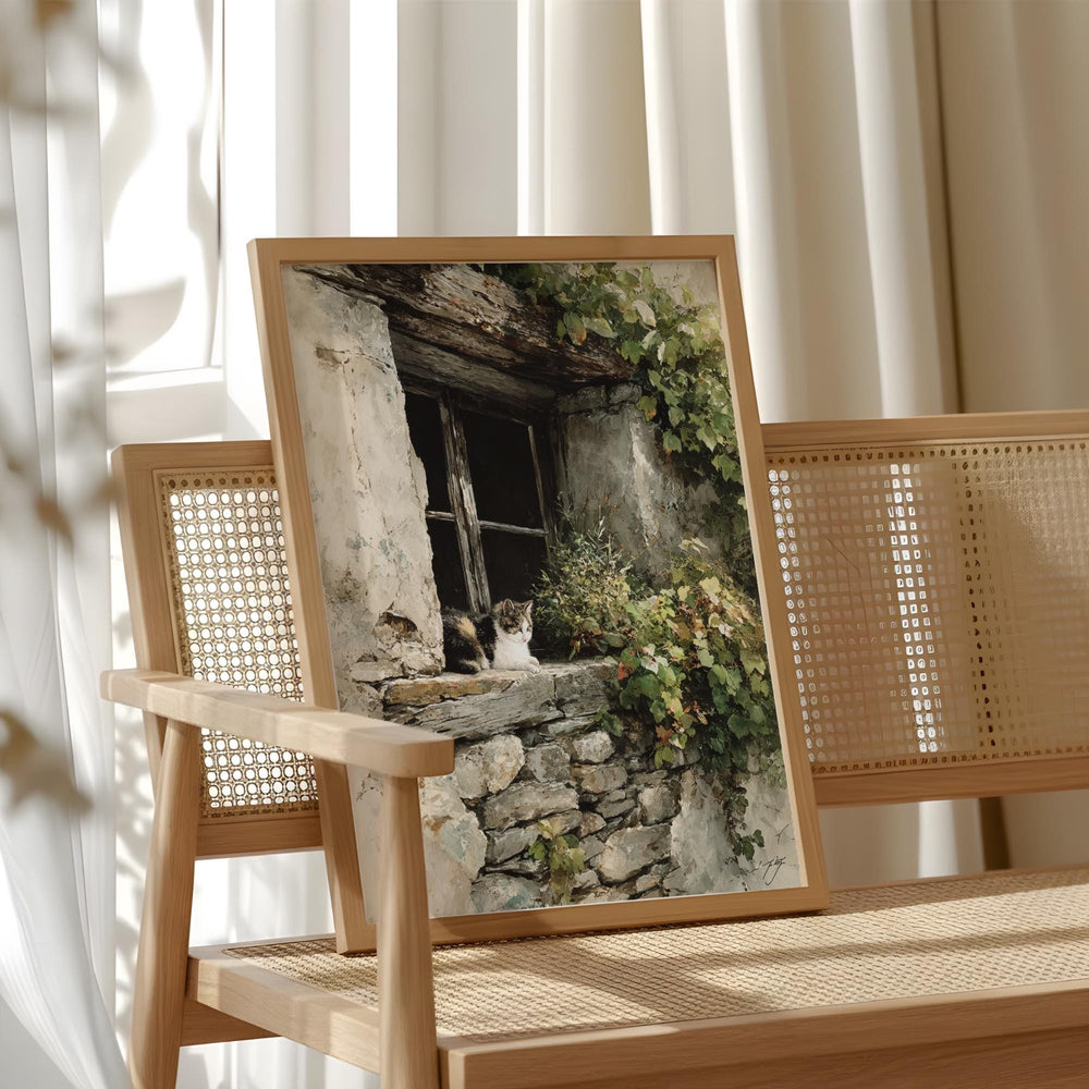 Vintage Stone Window Wall Art, Rustic Cat Cottage Canvas, Weathered European Farmhouse Artwork, Cozy Country Home Decor