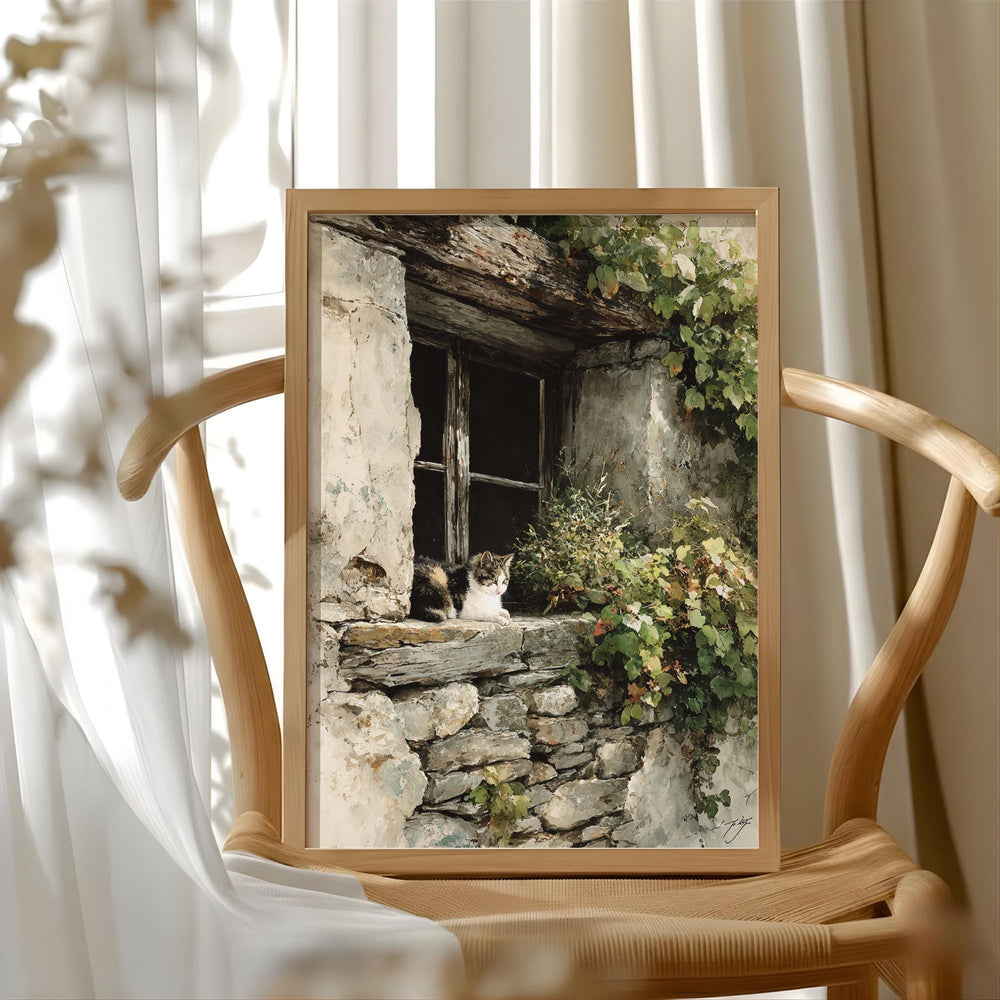 Vintage Stone Window Wall Art, Rustic Cat Cottage Canvas, Weathered European Farmhouse Artwork, Cozy Country Home Decor