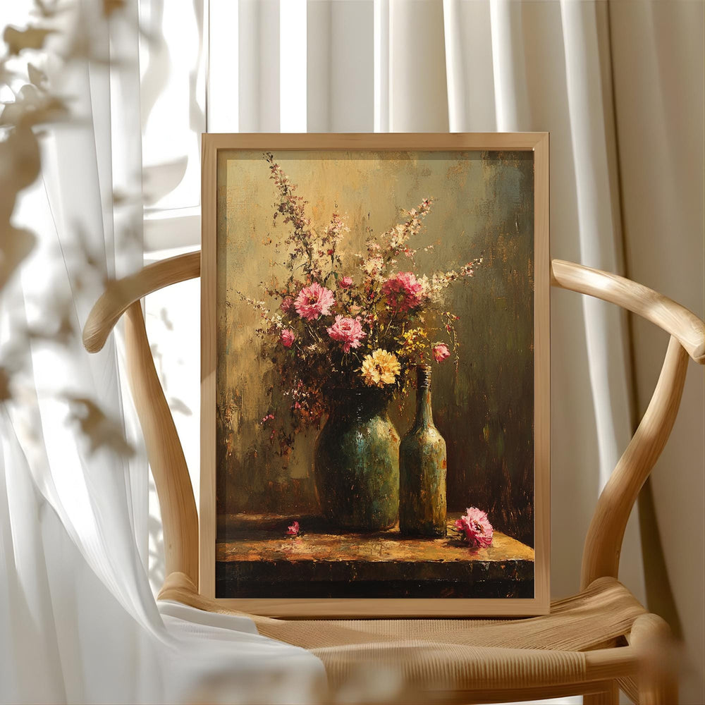 Moody Wildflower Still Life Wall Art, Vintage Floral Bottle Painting, Dark Rustic Floral Canvas, Cottagecore Home Decor