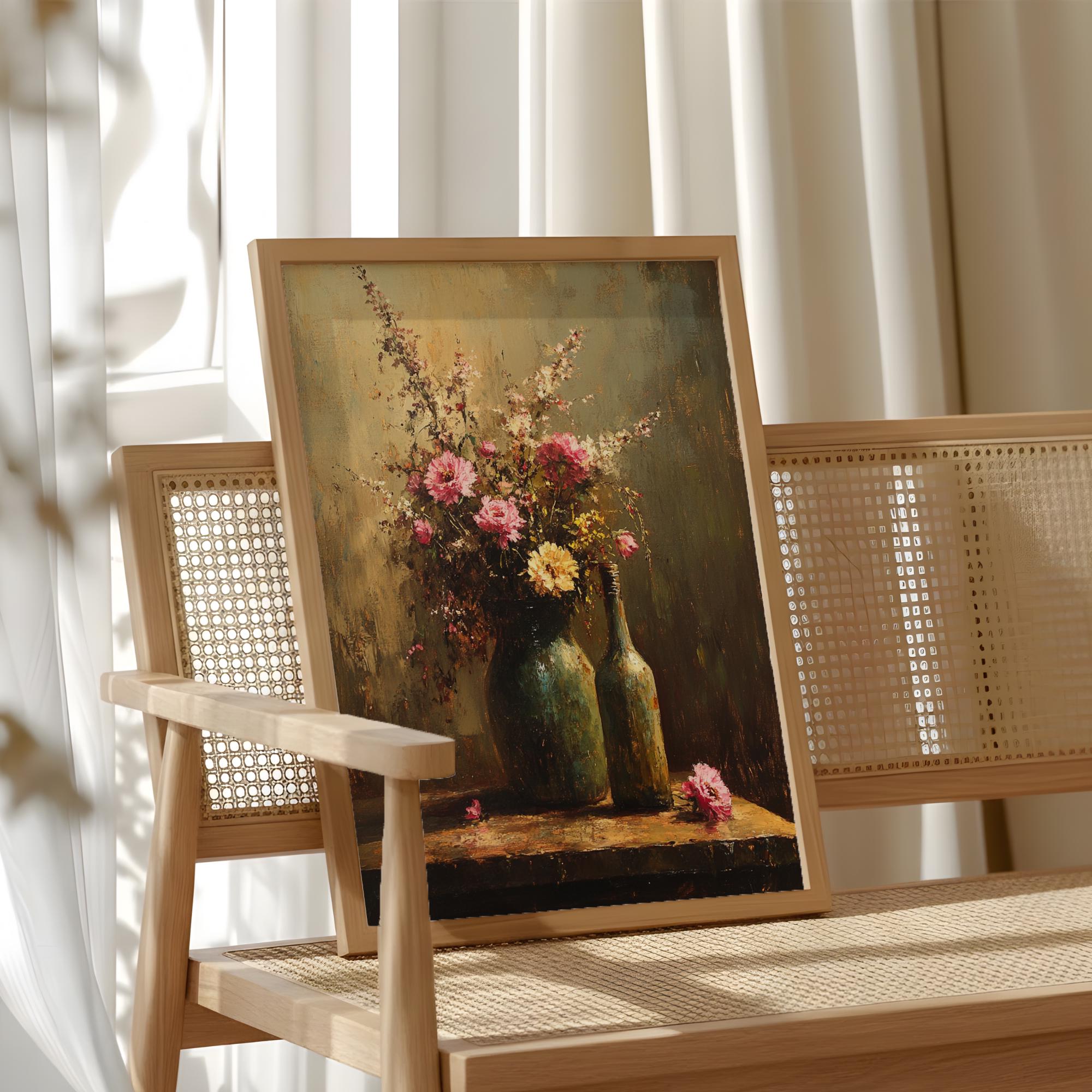 Moody Wildflower Still Life Wall Art, Vintage Floral Bottle Painting, Dark Rustic Floral Canvas, Cottagecore Home Decor