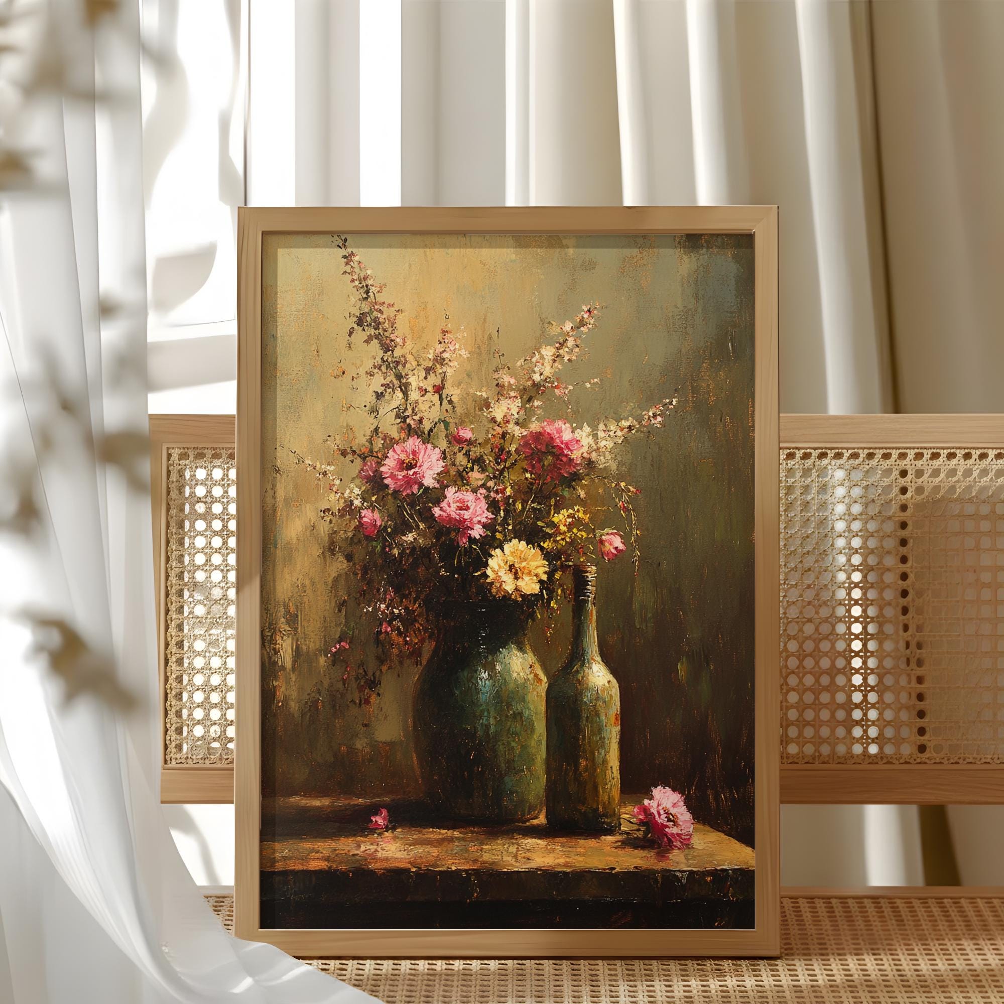 Moody Wildflower Still Life Wall Art, Vintage Floral Bottle Painting, Dark Rustic Floral Canvas, Cottagecore Home Decor