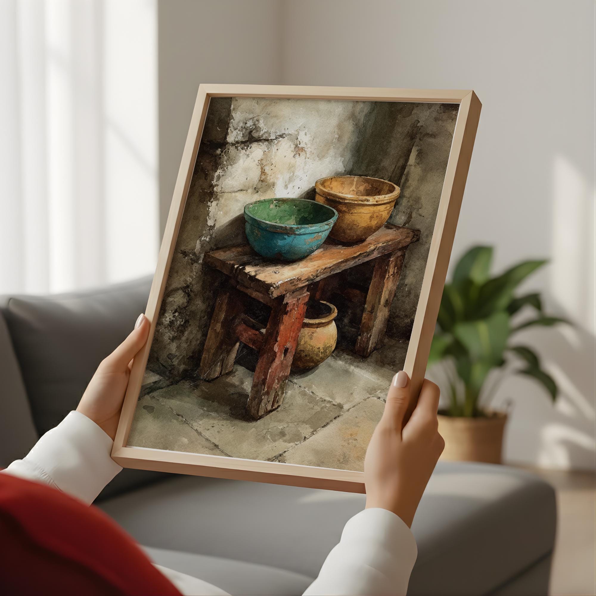 Rustic Wooden Bowl Wall Art, Earthy Farmhouse Still Life Canvas, Weathered Kitchen Corner Artwork, Neutral Country Home Decor