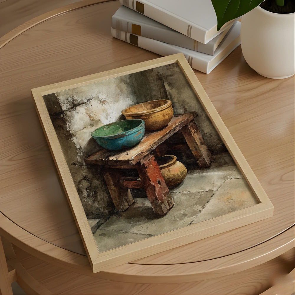 Rustic Wooden Bowl Wall Art, Earthy Farmhouse Still Life Canvas, Weathered Kitchen Corner Artwork, Neutral Country Home Decor