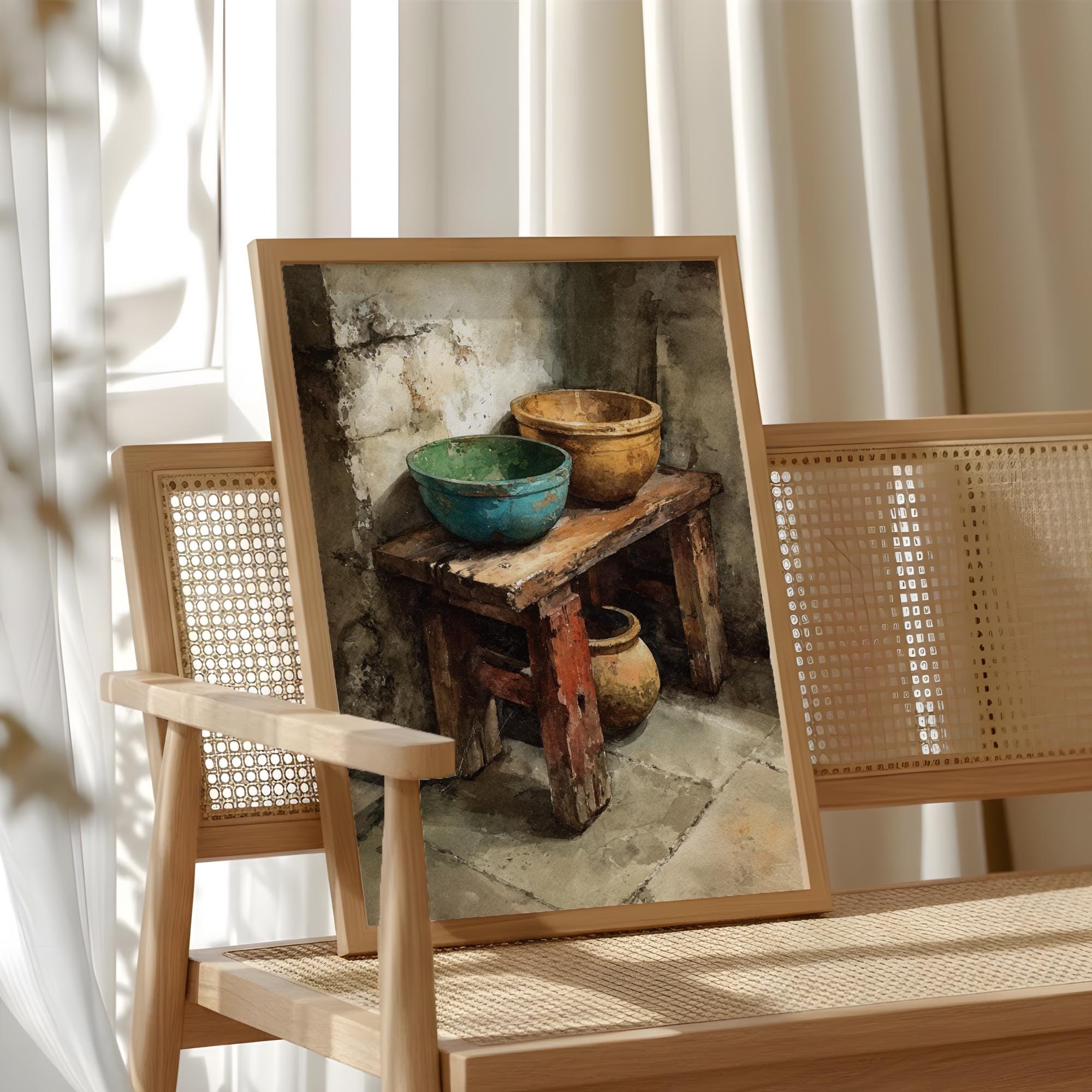 Rustic Wooden Bowl Wall Art, Earthy Farmhouse Still Life Canvas, Weathered Kitchen Corner Artwork, Neutral Country Home Decor