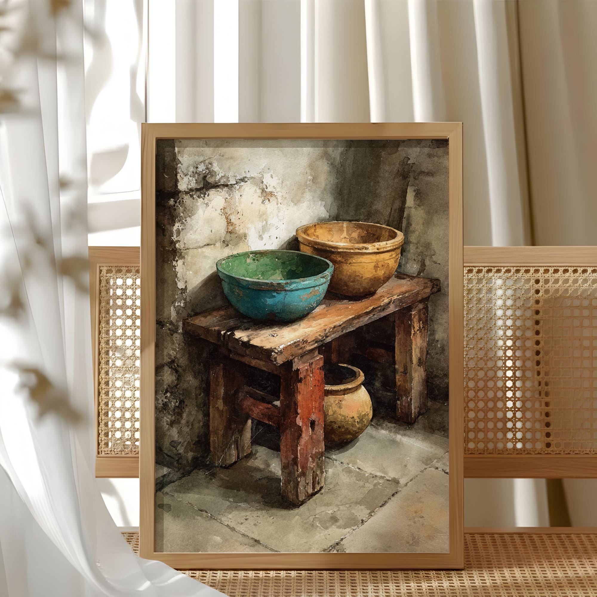 Rustic Wooden Bowl Wall Art, Earthy Farmhouse Still Life Canvas, Weathered Kitchen Corner Artwork, Neutral Country Home Decor