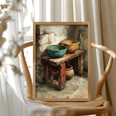 Rustic Wooden Bowl Wall Art, Earthy Farmhouse Still Life Canvas, Weathered Kitchen Corner Artwork, Neutral Country Home Decor