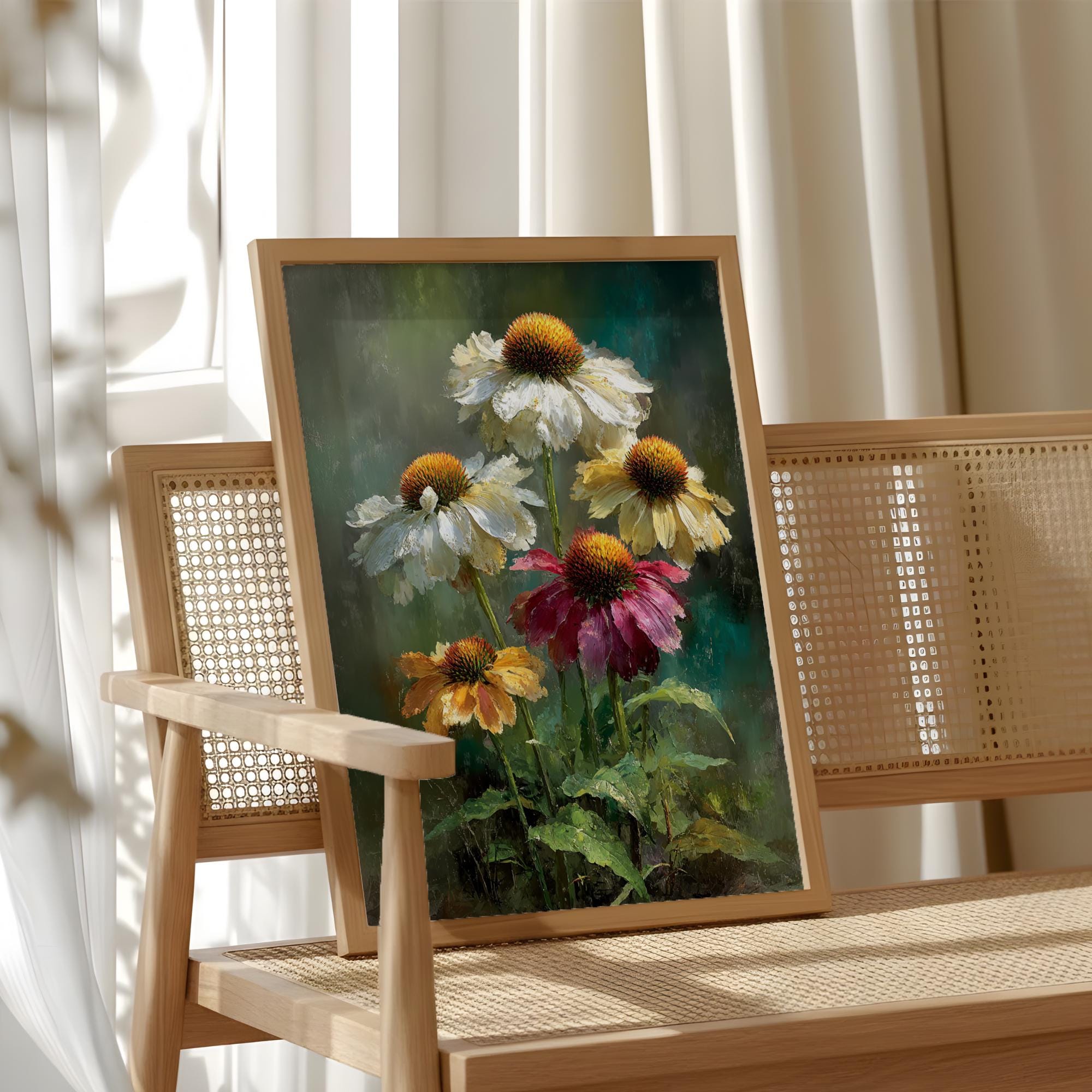 Painterly Coneflower Wall Art, Textured Wildflower Canvas, Soft Botanical Still Life Artwork, Cottage Garden Home Decor