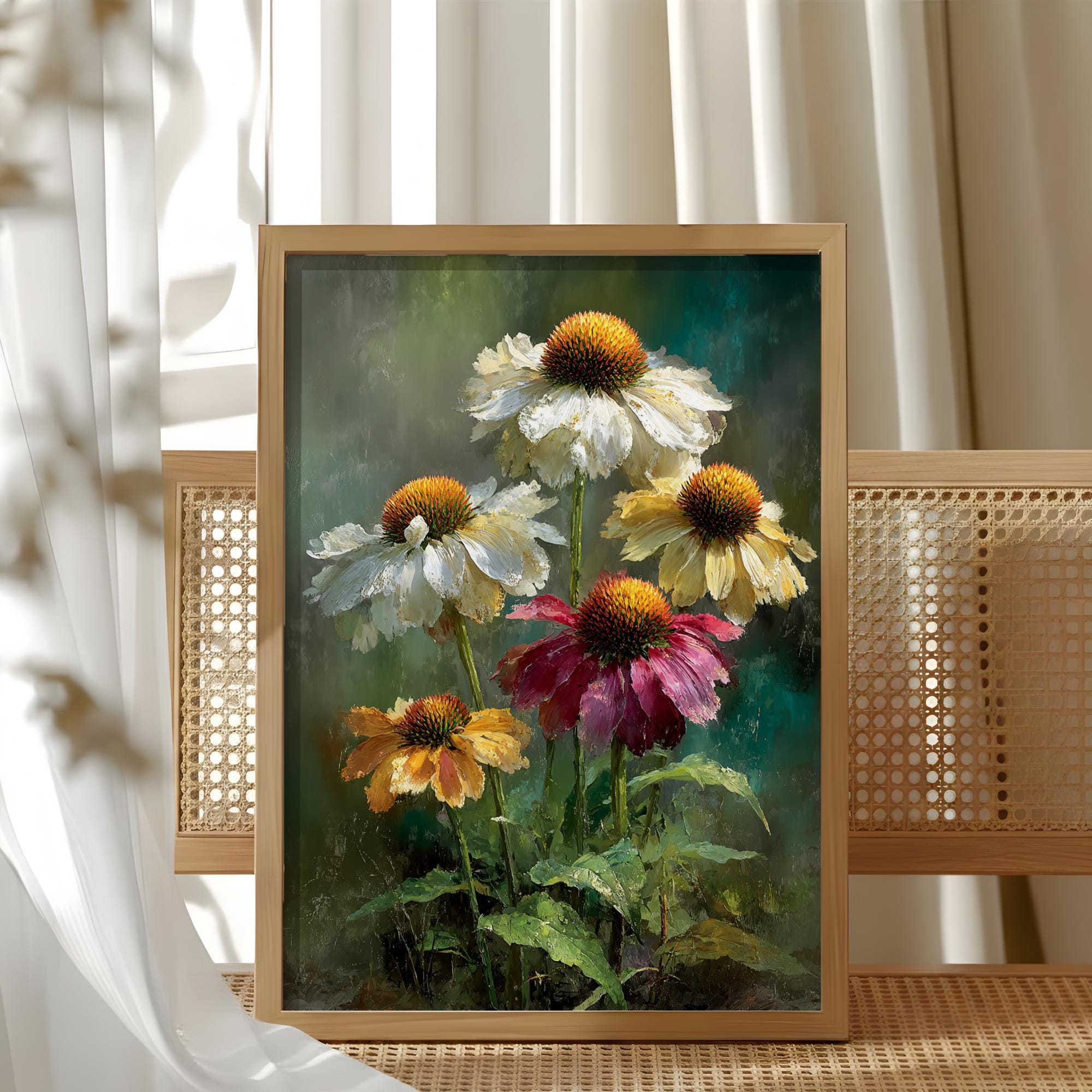 Painterly Coneflower Wall Art, Textured Wildflower Canvas, Soft Botanical Still Life Artwork, Cottage Garden Home Decor