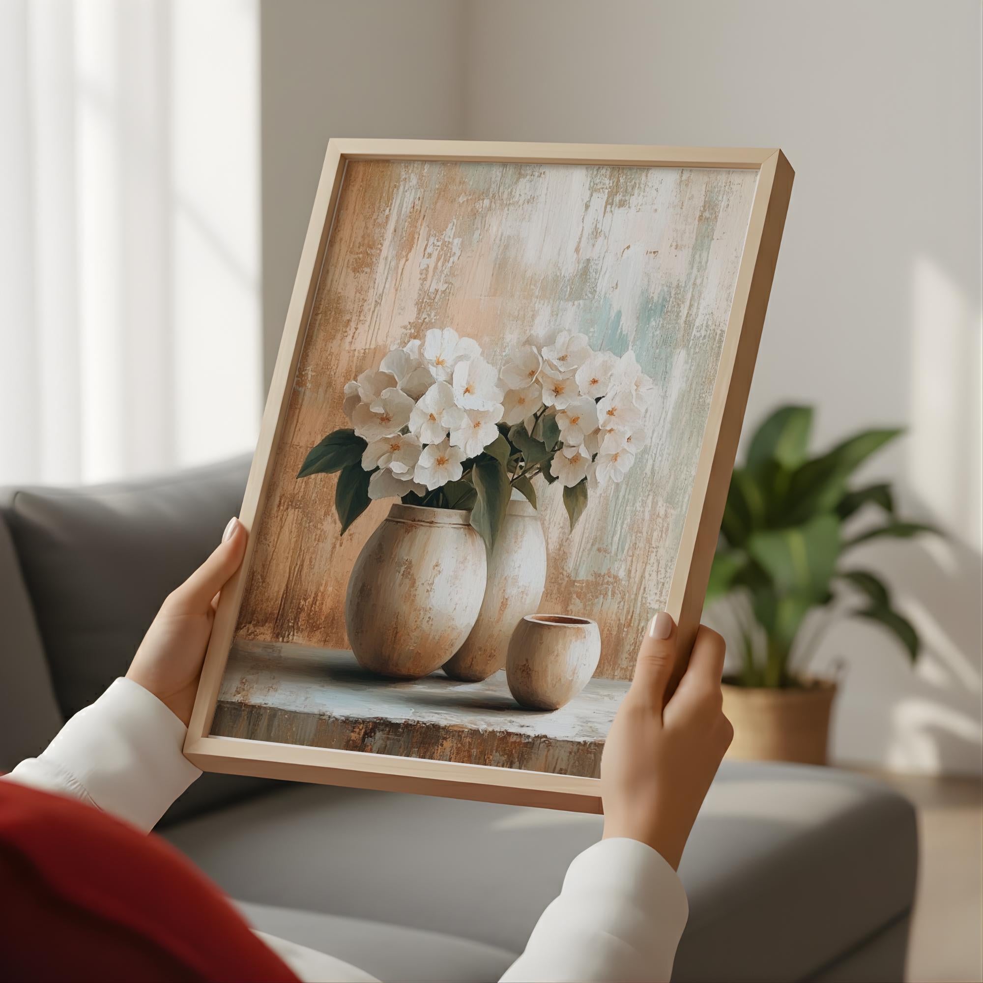 Neutral Floral Vase Wall Art, Earthy Beige Brown Canvas, Rustic Still Life Artwork, Farmhouse Home Decor, Minimalist Home Accent Print