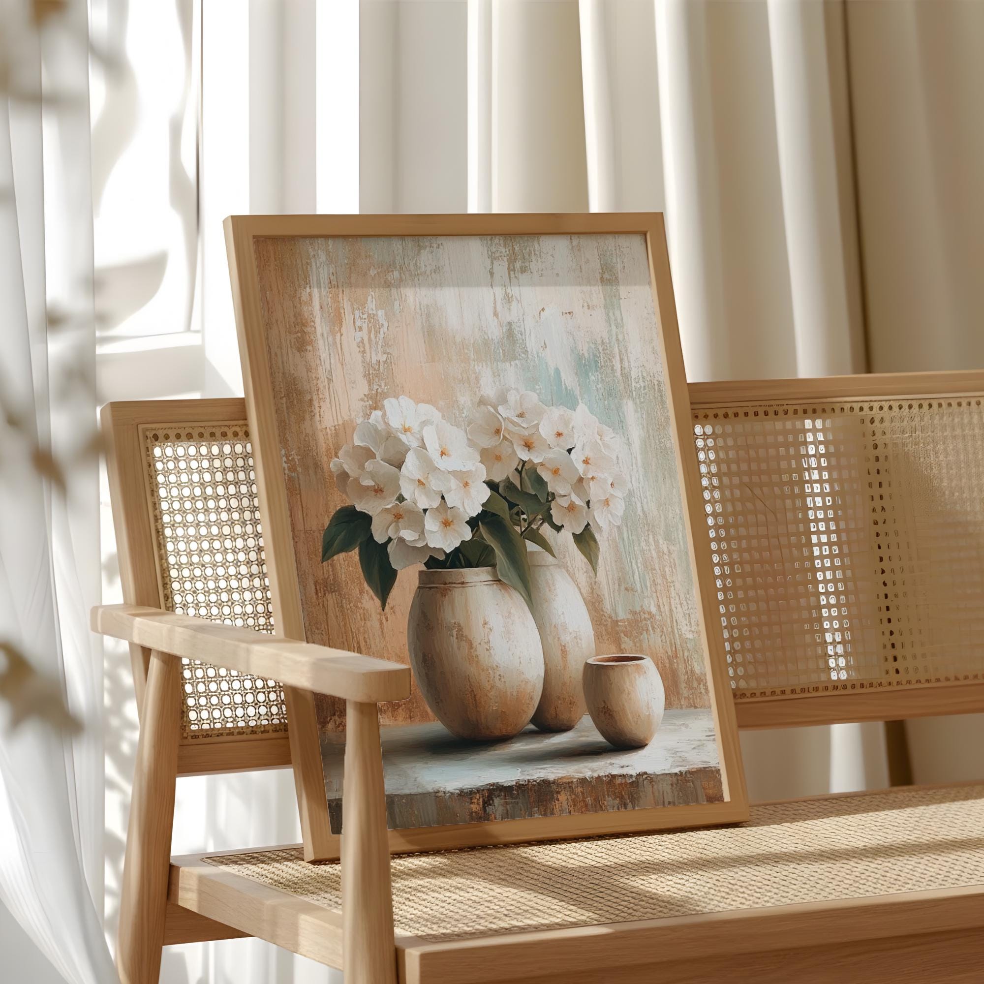 Neutral Floral Vase Wall Art, Earthy Beige Brown Canvas, Rustic Still Life Artwork, Farmhouse Home Decor, Minimalist Home Accent Print
