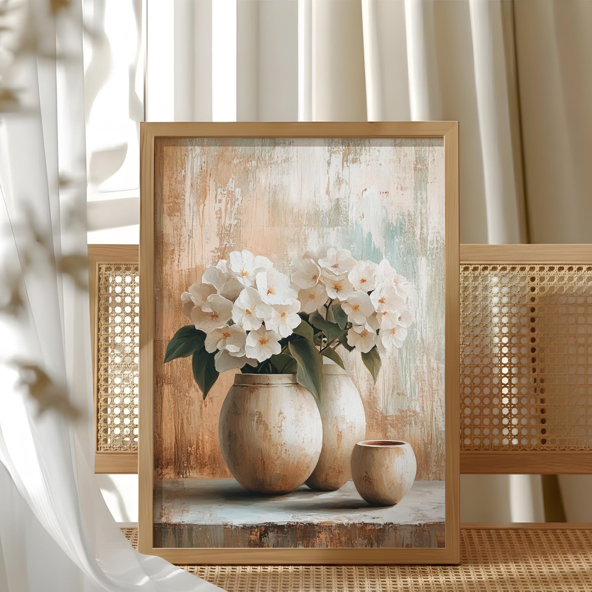 Neutral Floral Vase Wall Art, Earthy Beige Brown Canvas, Rustic Still Life Artwork, Farmhouse Home Decor, Minimalist Home Accent Print