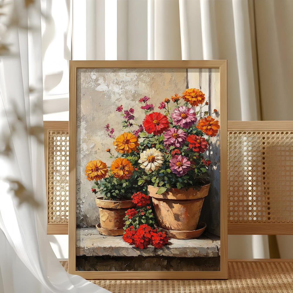 Warm Rustic Flower Pot Wall Art, Sunlit Garden Still Life Canvas, Earthy Cottage Floral Artwork, Farmhouse Interior Decor