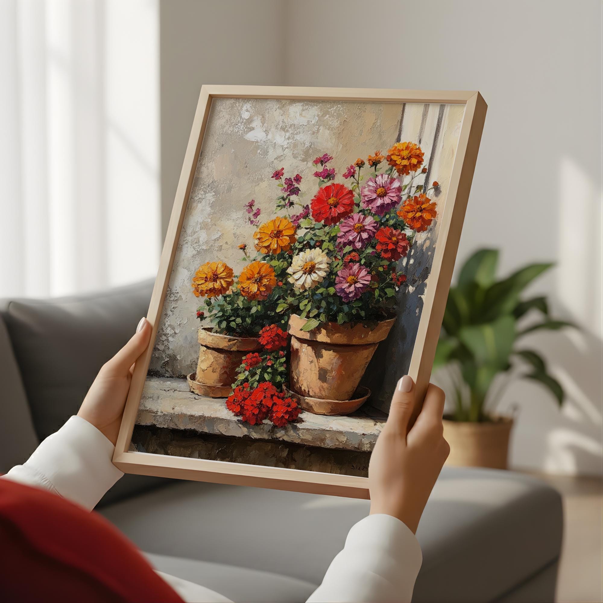 Warm Rustic Flower Pot Wall Art, Sunlit Garden Still Life Canvas, Earthy Cottage Floral Artwork, Farmhouse Interior Decor