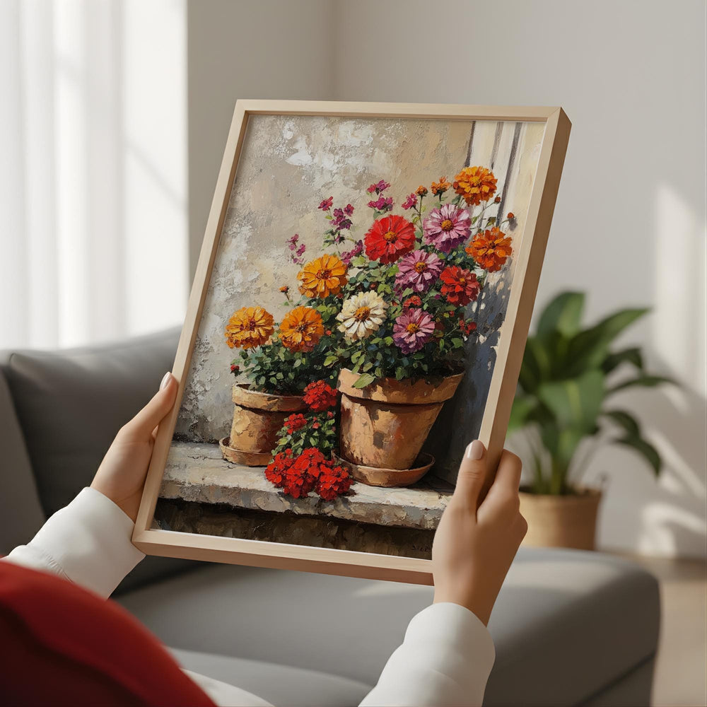 Warm Rustic Flower Pot Wall Art, Sunlit Garden Still Life Canvas, Earthy Cottage Floral Artwork, Farmhouse Interior Decor