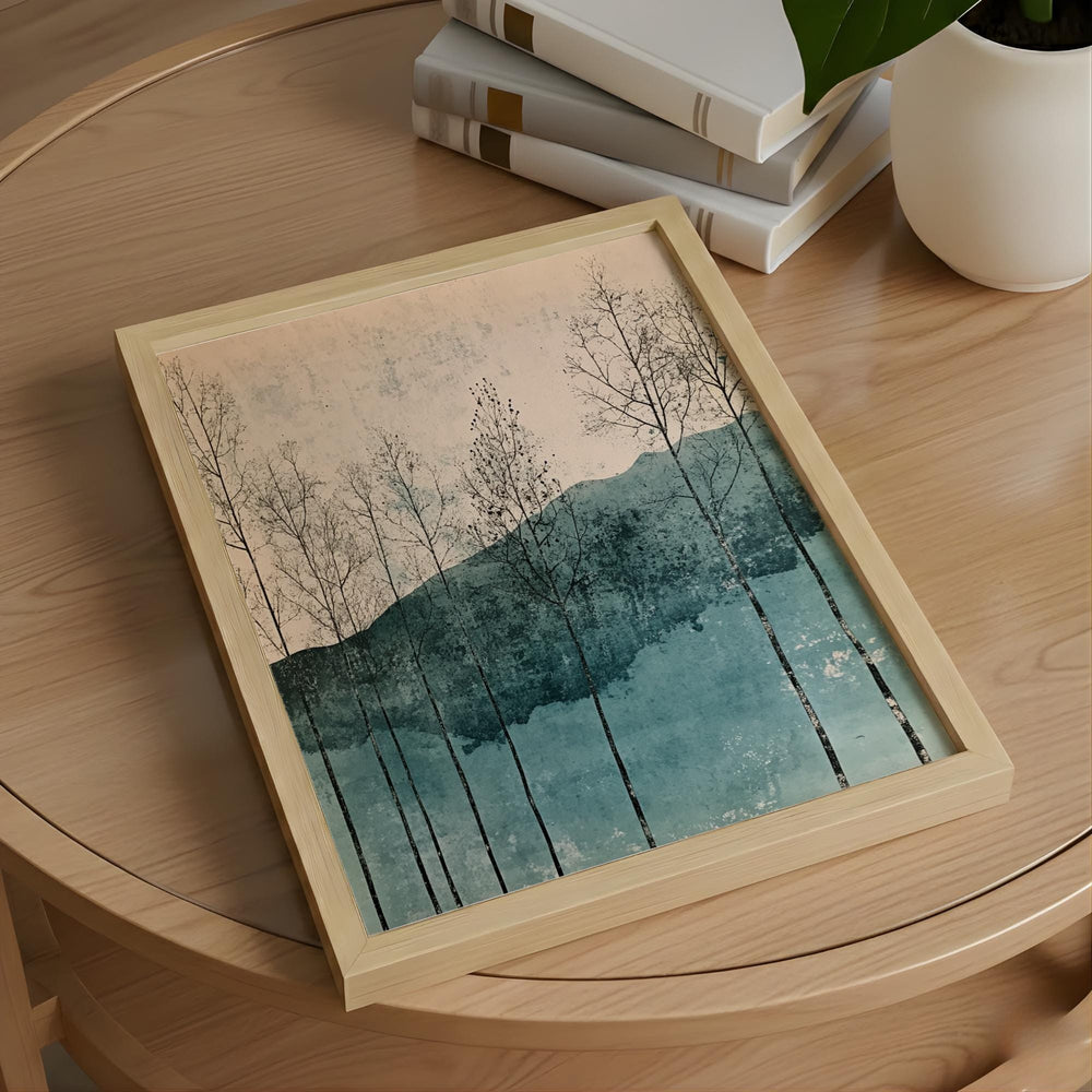 Minimal Forest Landscape Wall Art, Abstract Trees and Hills Illustration, Soft Teal Neutral Nature Artwork, Modern Calm Home Decor