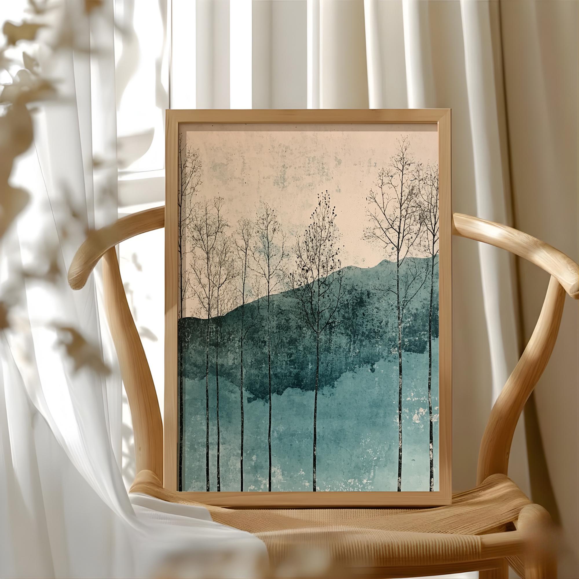 Minimal Forest Landscape Wall Art, Abstract Trees and Hills Illustration, Soft Teal Neutral Nature Artwork, Modern Calm Home Decor