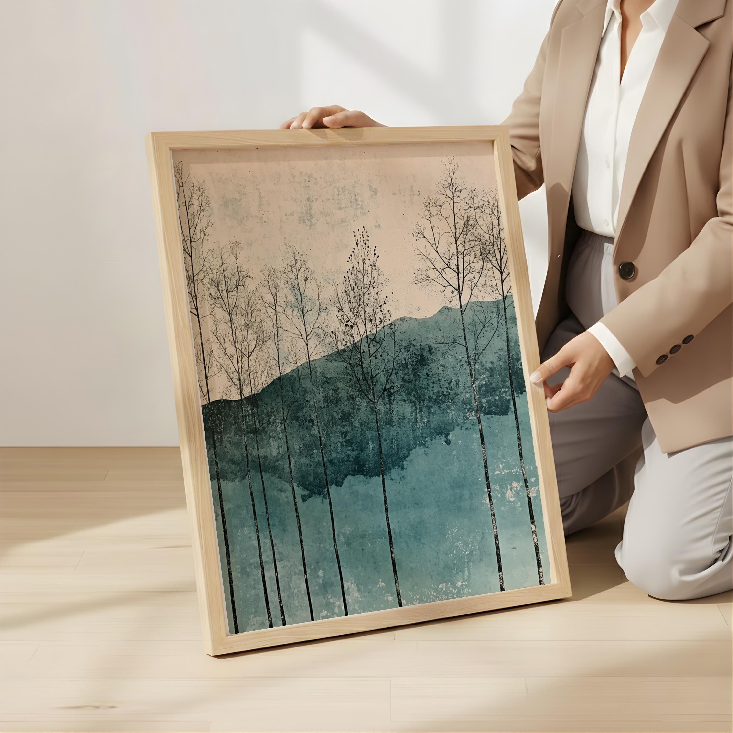 Minimal Forest Landscape Wall Art, Abstract Trees and Hills Illustration, Soft Teal Neutral Nature Artwork, Modern Calm Home Decor