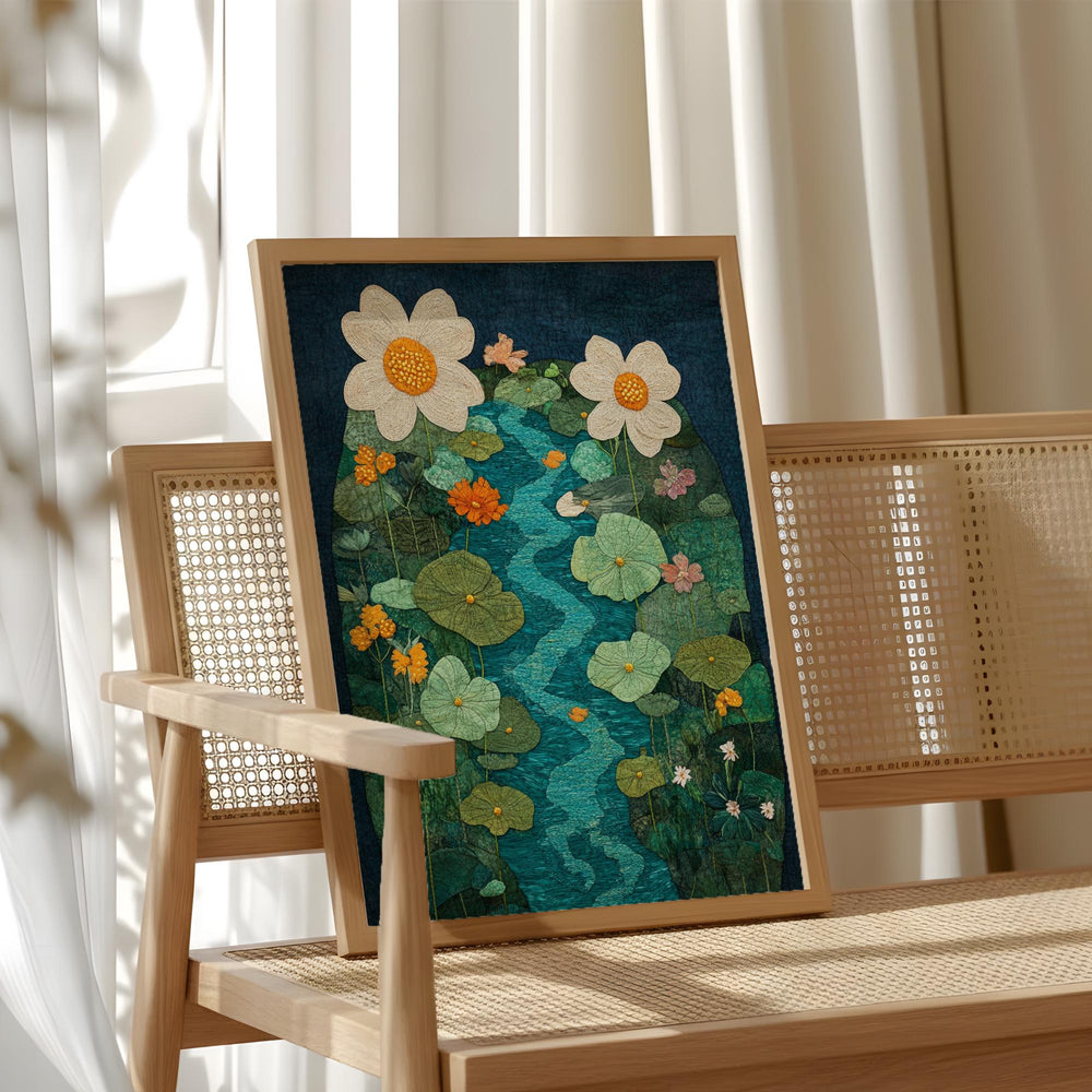 Botanical River Garden Wall Art, Flowing Stream Floral Illustration, Lush Green Nature Design, Whimsical Cottage Home Decor