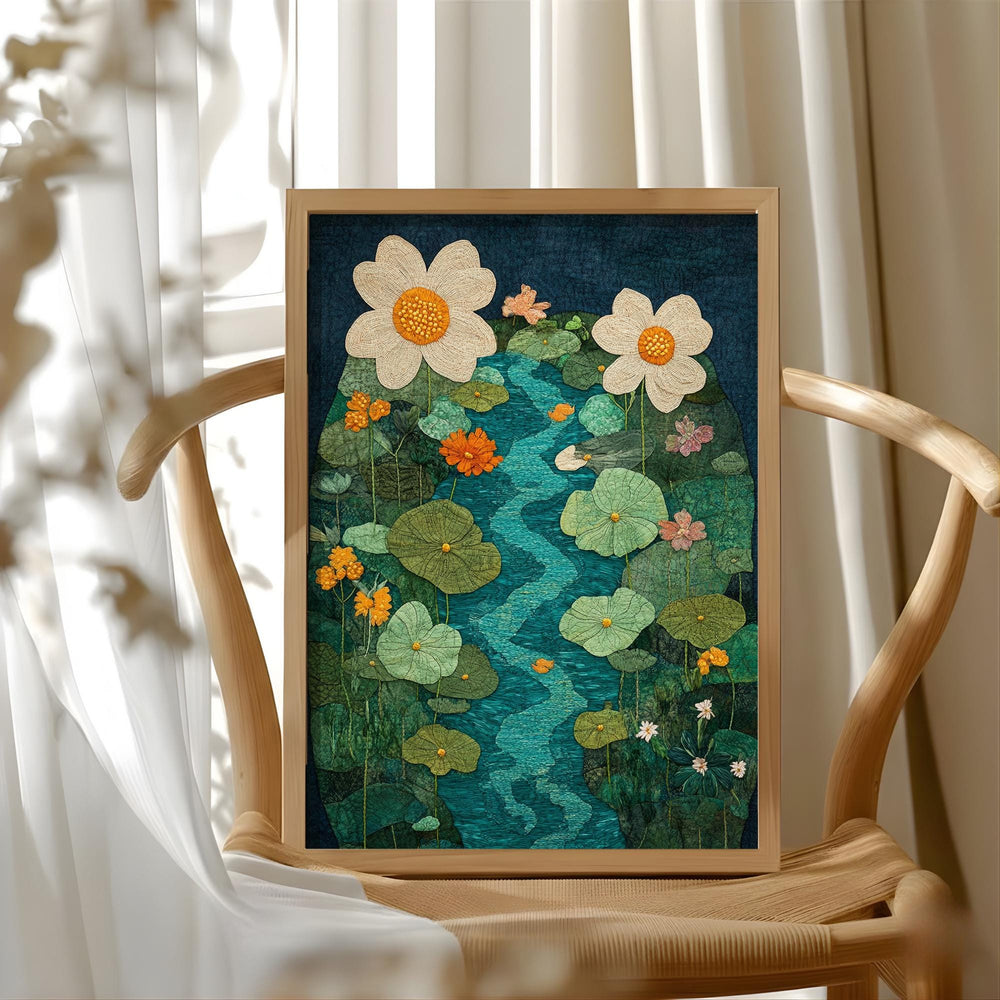 Botanical River Garden Wall Art, Flowing Stream Floral Illustration, Lush Green Nature Design, Whimsical Cottage Home Decor