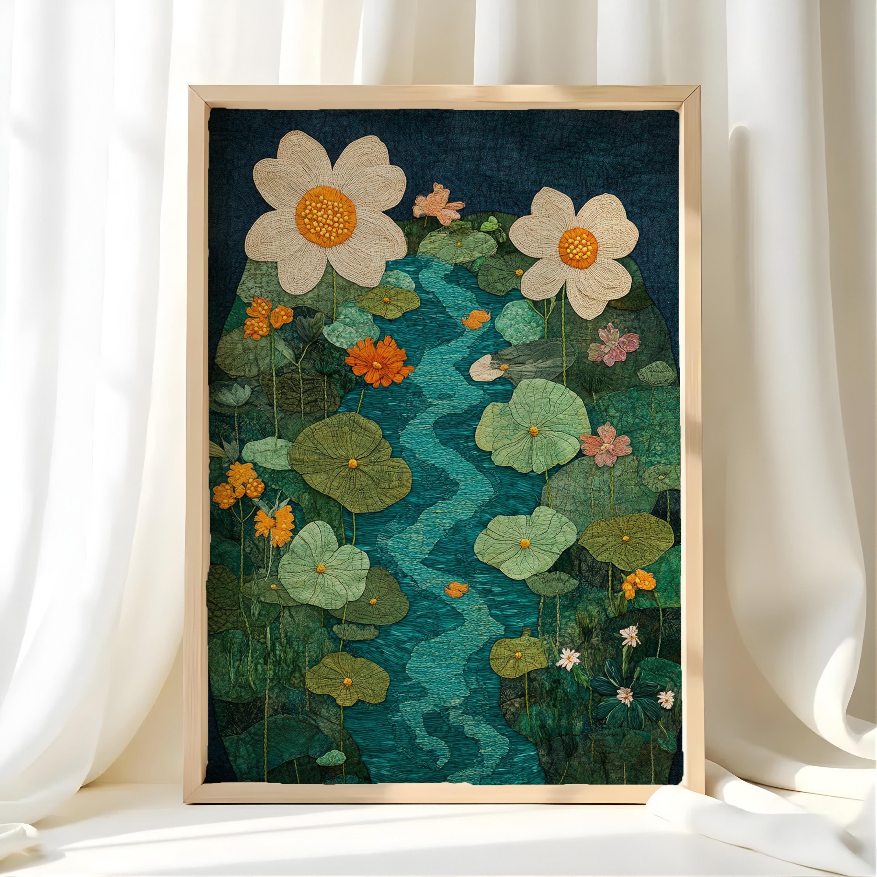 Botanical River Garden Wall Art, Flowing Stream Floral Illustration, Lush Green Nature Design, Whimsical Cottage Home Decor