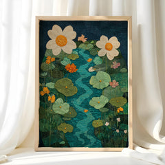 Botanical River Garden Wall Art, Flowing Stream Floral Illustration, Lush Green Nature Design, Whimsical Cottage Home Decor