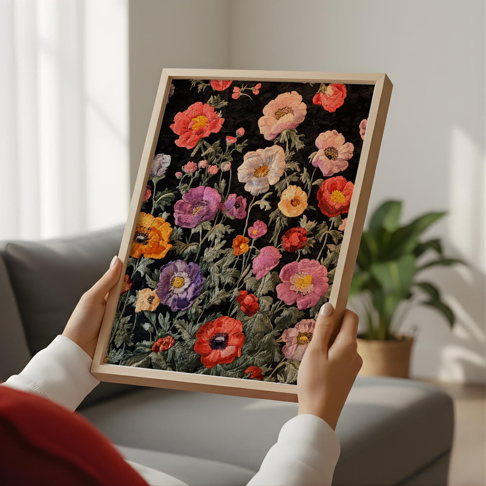 Vintage Floral Pattern Wall Art, Dark Botanical Garden Illustration, Colorful Wildflower Design, Cottagecore Home Decor Print
