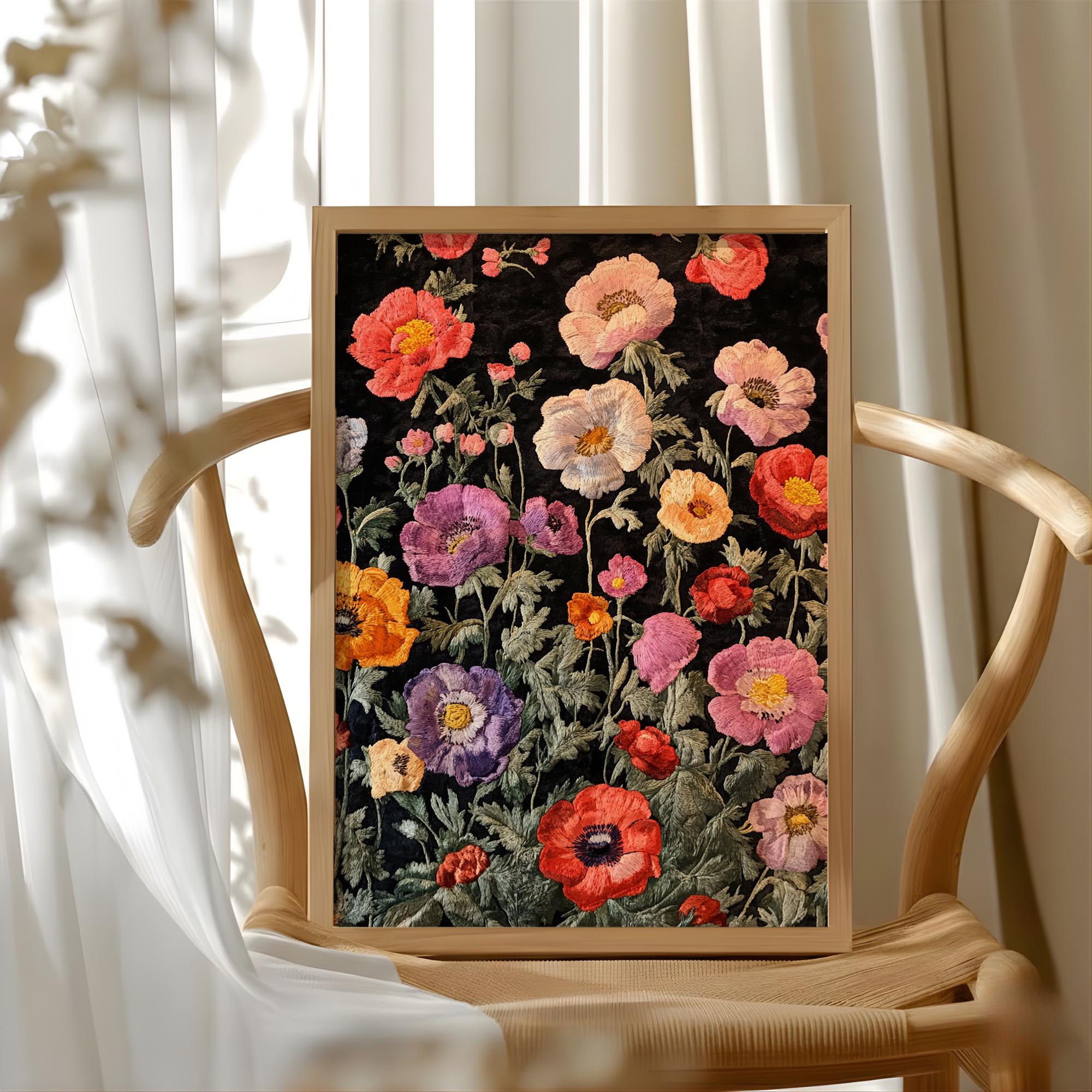 Vintage Floral Pattern Wall Art, Dark Botanical Garden Illustration, Colorful Wildflower Design, Cottagecore Home Decor Print