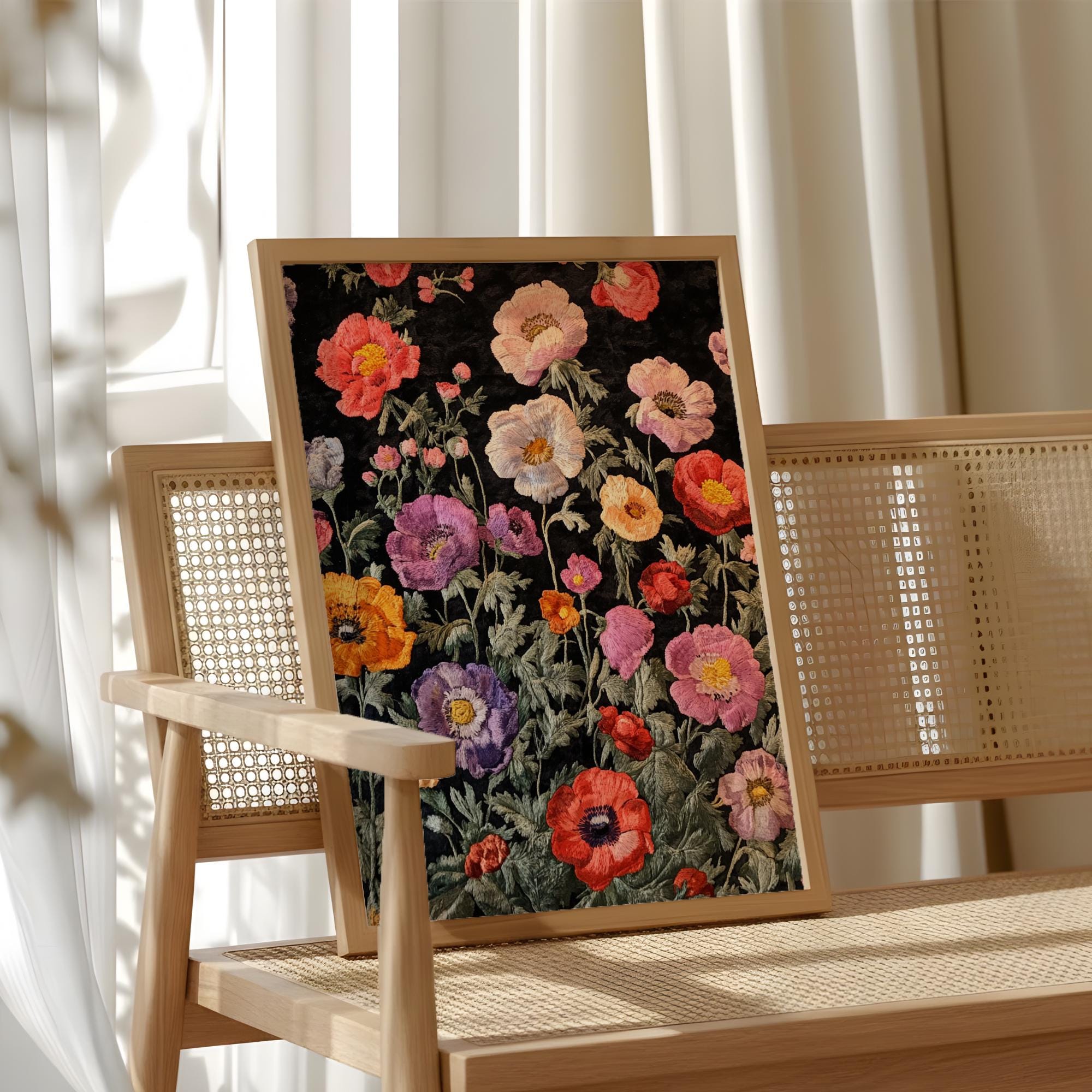Vintage Floral Pattern Wall Art, Dark Botanical Garden Illustration, Colorful Wildflower Design, Cottagecore Home Decor Print