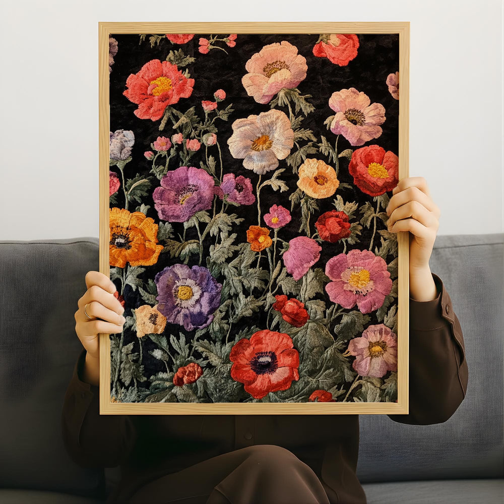 Vintage Floral Pattern Wall Art, Dark Botanical Garden Illustration, Colorful Wildflower Design, Cottagecore Home Decor Print