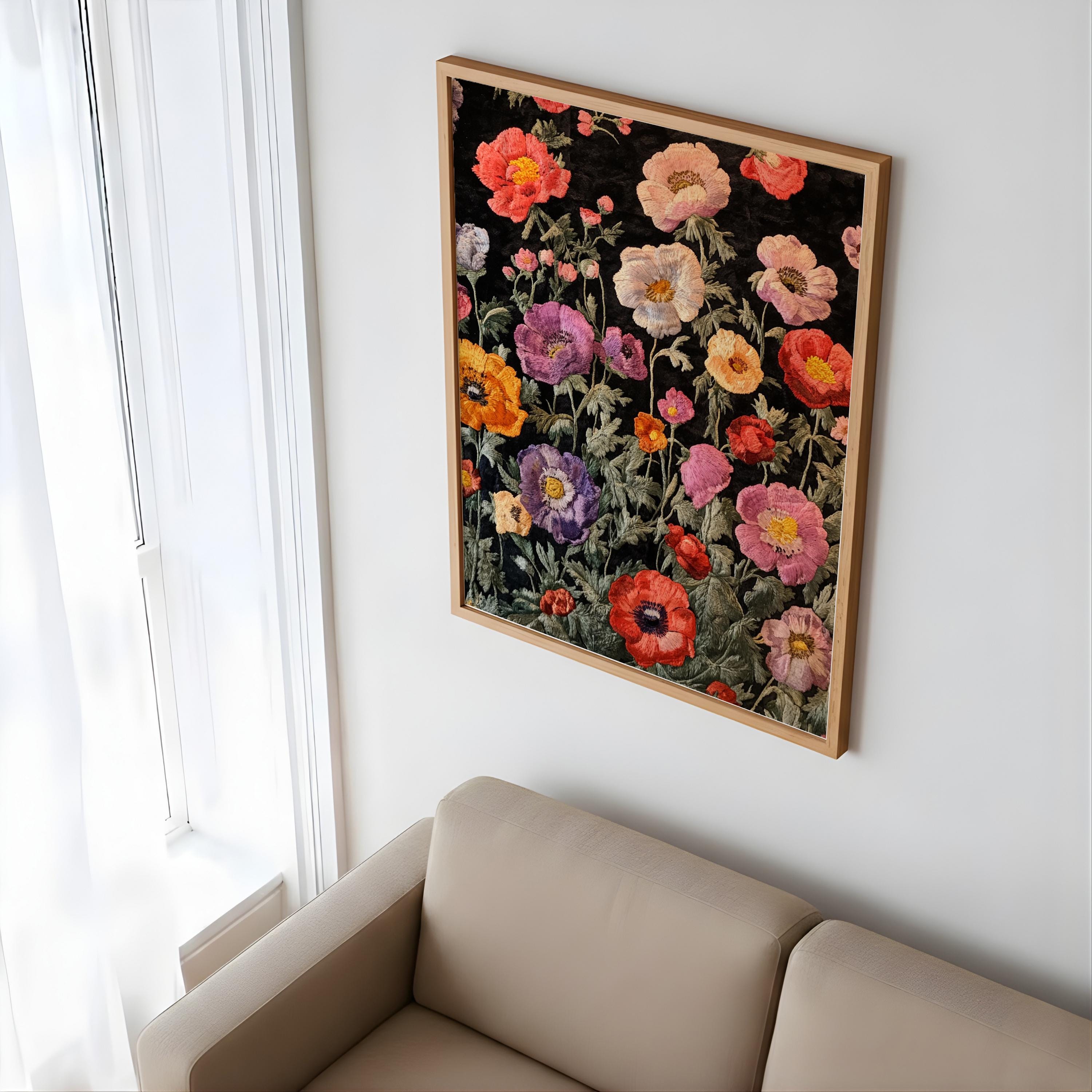 Vintage Floral Pattern Wall Art, Dark Botanical Garden Illustration, Colorful Wildflower Design, Cottagecore Home Decor Print