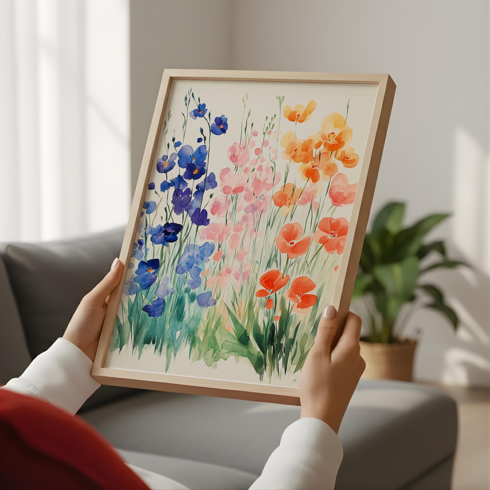 Soft Watercolor Wildflower Wall Art, Blue Peach Floral Meadow Illustration, Light Botanical Print, Airy Cottage Garden Home Decor